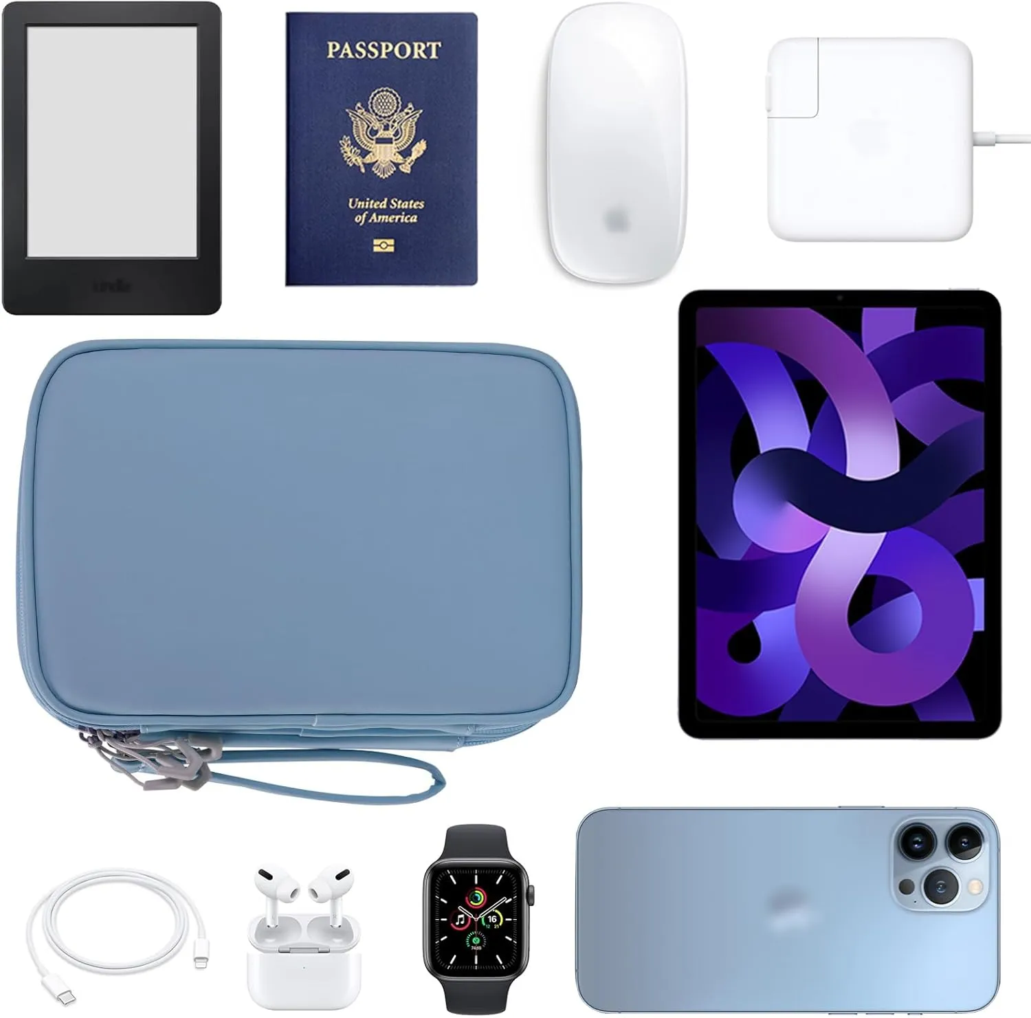 Tablet Accessories Case Bag, Travel Large Electronics Organizer for Chargers & Cords, Cables, 7.9 Inch Tablet, Airplane Essentials, 2 Layers (Misty Blue)