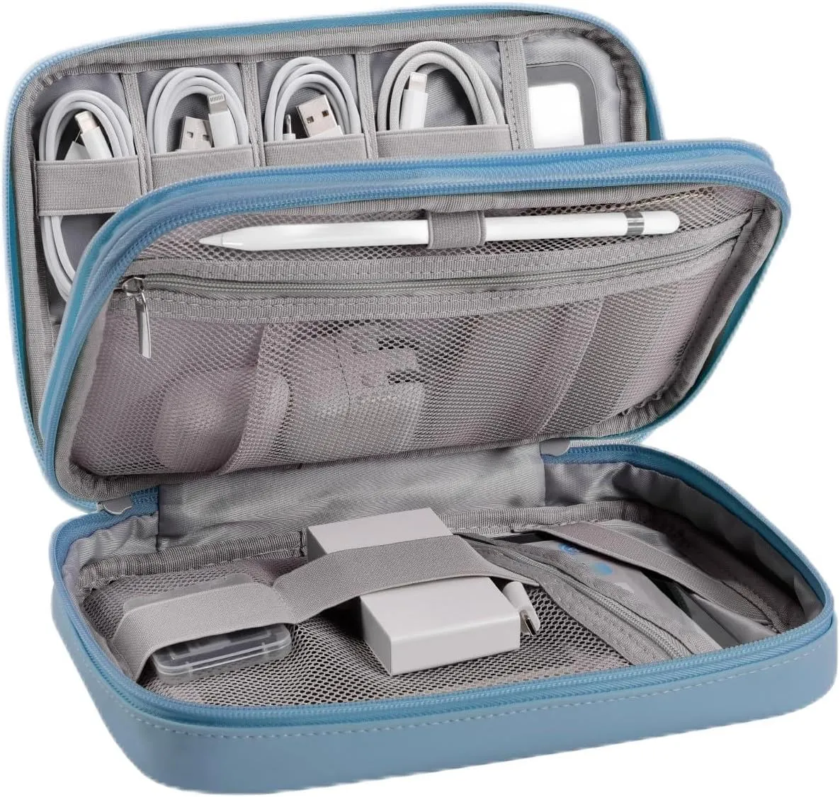 Tablet Accessories Case Bag, Travel Large Electronics Organizer for Chargers & Cords, Cables, 7.9 Inch Tablet, Airplane Essentials, 2 Layers (Misty Blue)
