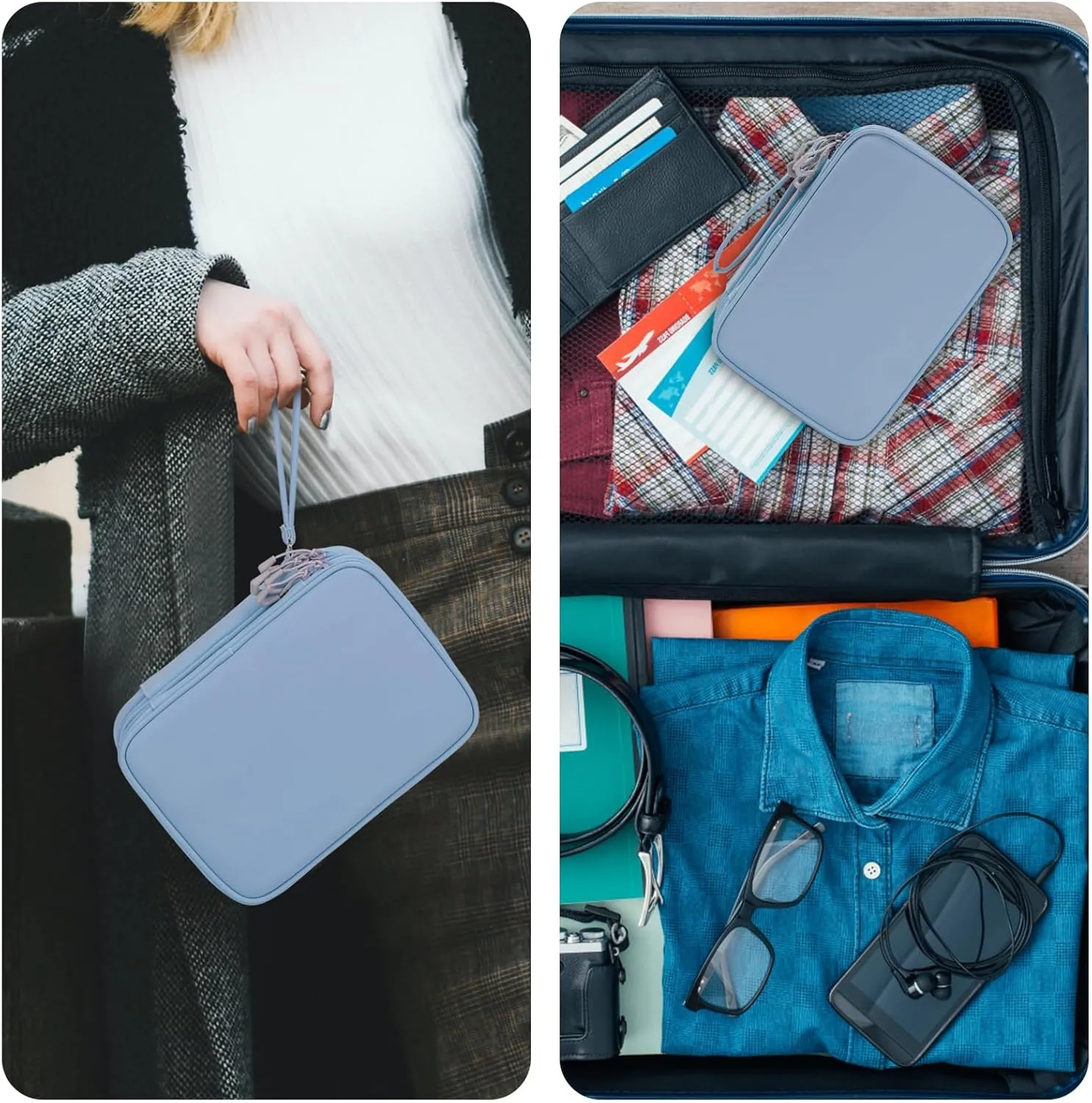 Tablet Accessories Case Bag, Travel Large Electronics Organizer for Chargers & Cords, Cables, 7.9 Inch Tablet, Airplane Essentials, 2 Layers (Misty Blue)