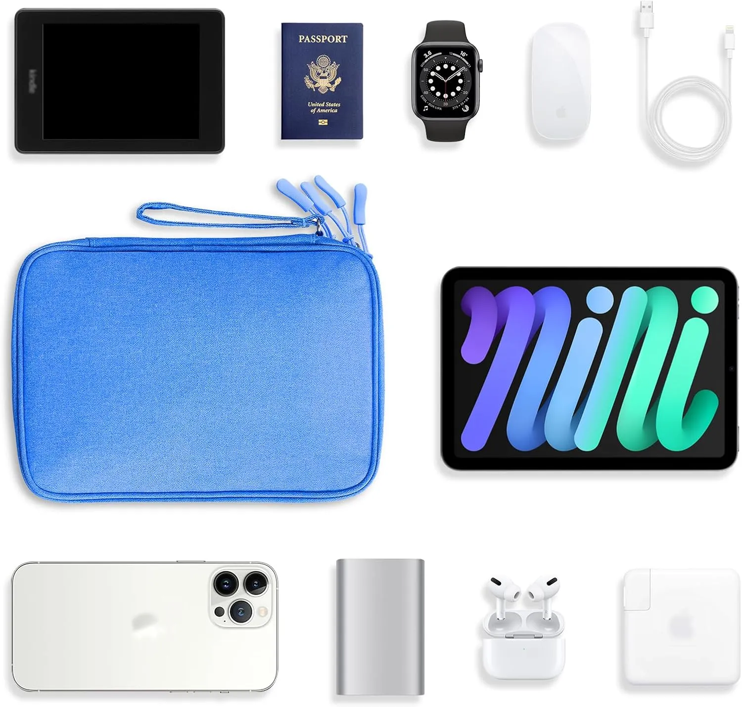 Tablet Accessories Case Bag, Travel Large Electronics Organizer for Chargers & Cords, Cables, 7.9 Inch Tablet, Airplane Essentials, 2 Layers (Sky Blue-L, Large)