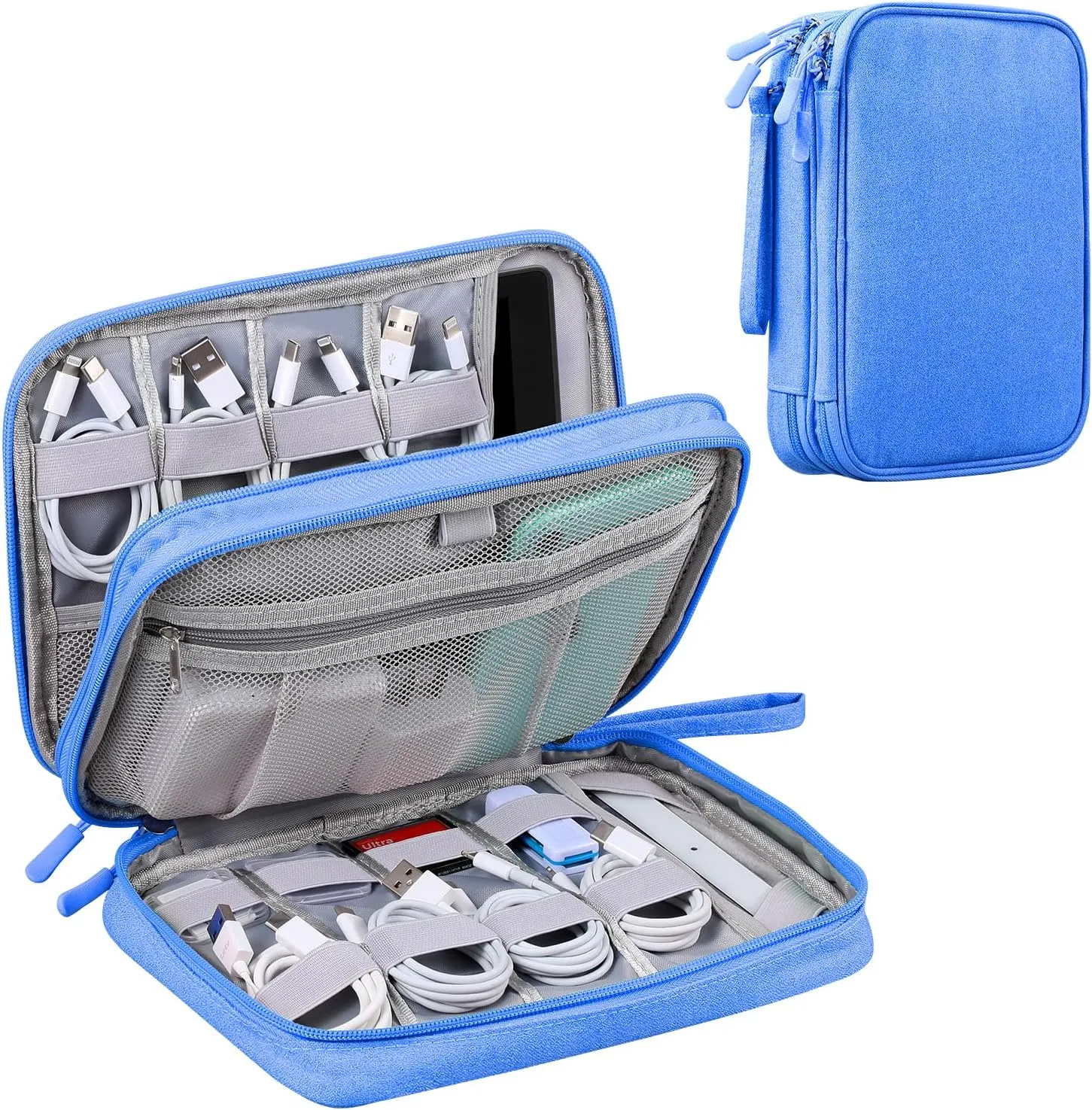 Tablet Accessories Case Bag, Travel Large Electronics Organizer for Chargers & Cords, Cables, 7.9 Inch Tablet, Airplane Essentials, 2 Layers (Sky Blue-L, Large)
