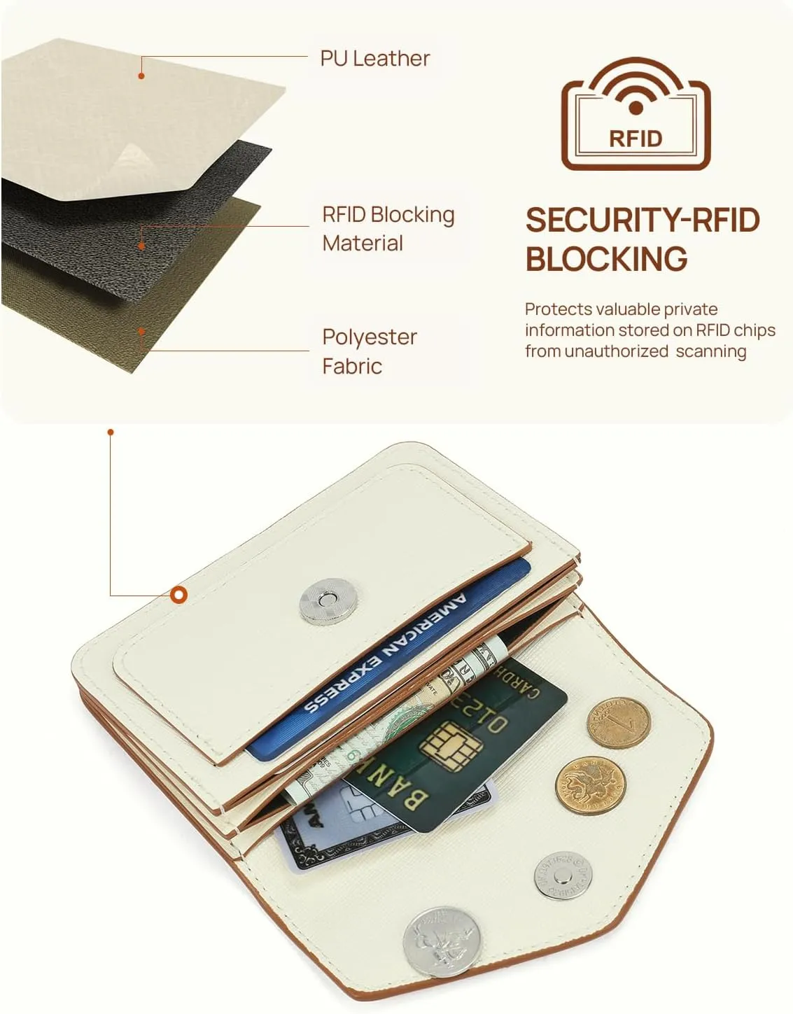 Telena Small Wallet for Women RFID Blocking Credit Card Holder Compact Leather Wallets with Magnetic Snap Button Beige Brown