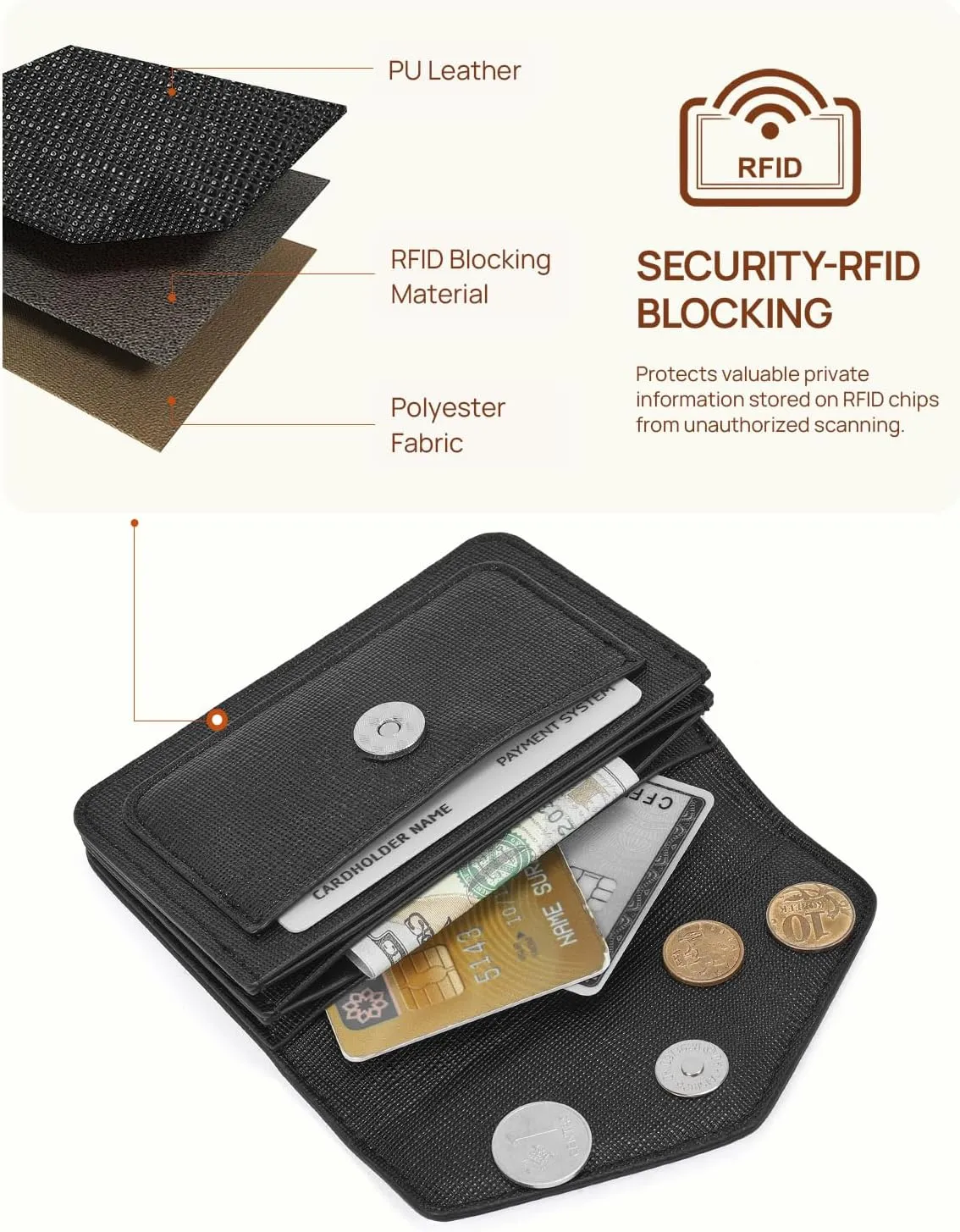 Telena Small Wallet for Women RFID Blocking Credit Card Holder Compact Leather Wallets with Magnetic Snap Button Black Brown