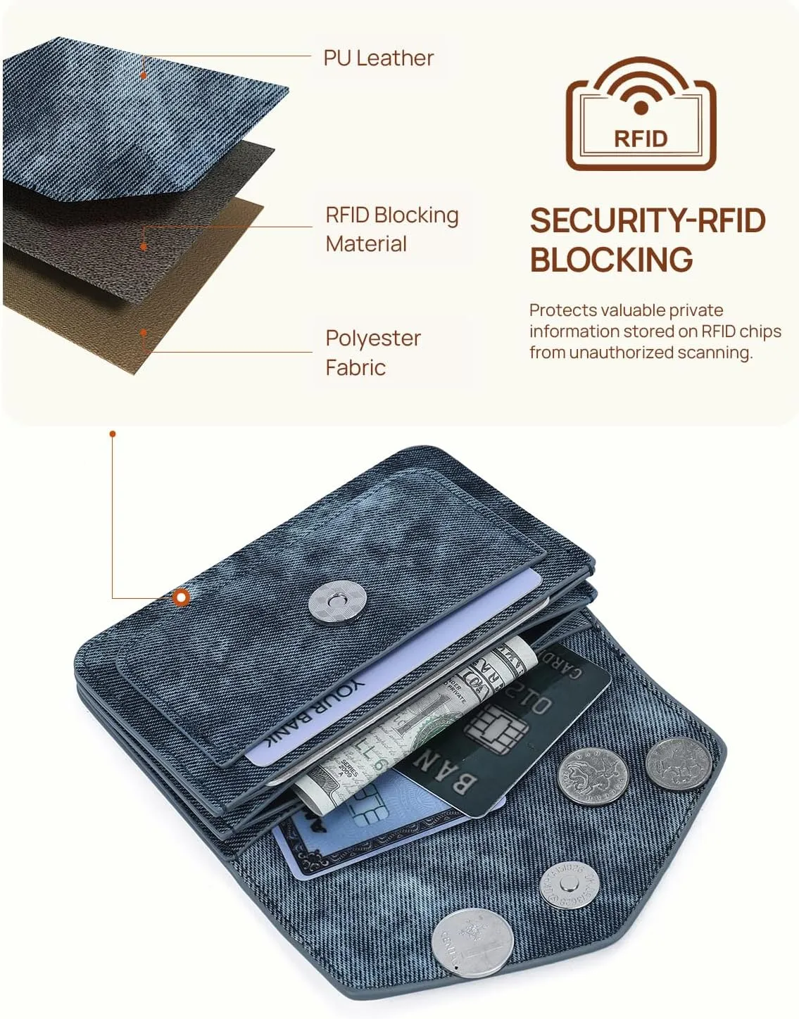 Telena Small Wallet for Women RFID Blocking Credit Card Holder Compact Leather Wallets with Magnetic Snap Button Denim Blue