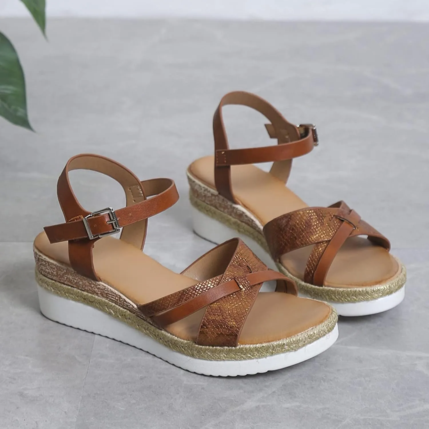 Thick Wedge Sandals, Open Toe Wide Width Sandals for Women Orthopedic Shoes Ladies Walking Sandal with Adjustable Ankle Strappy Office Work Shoes Espadrilles Wedges Beach Sandal