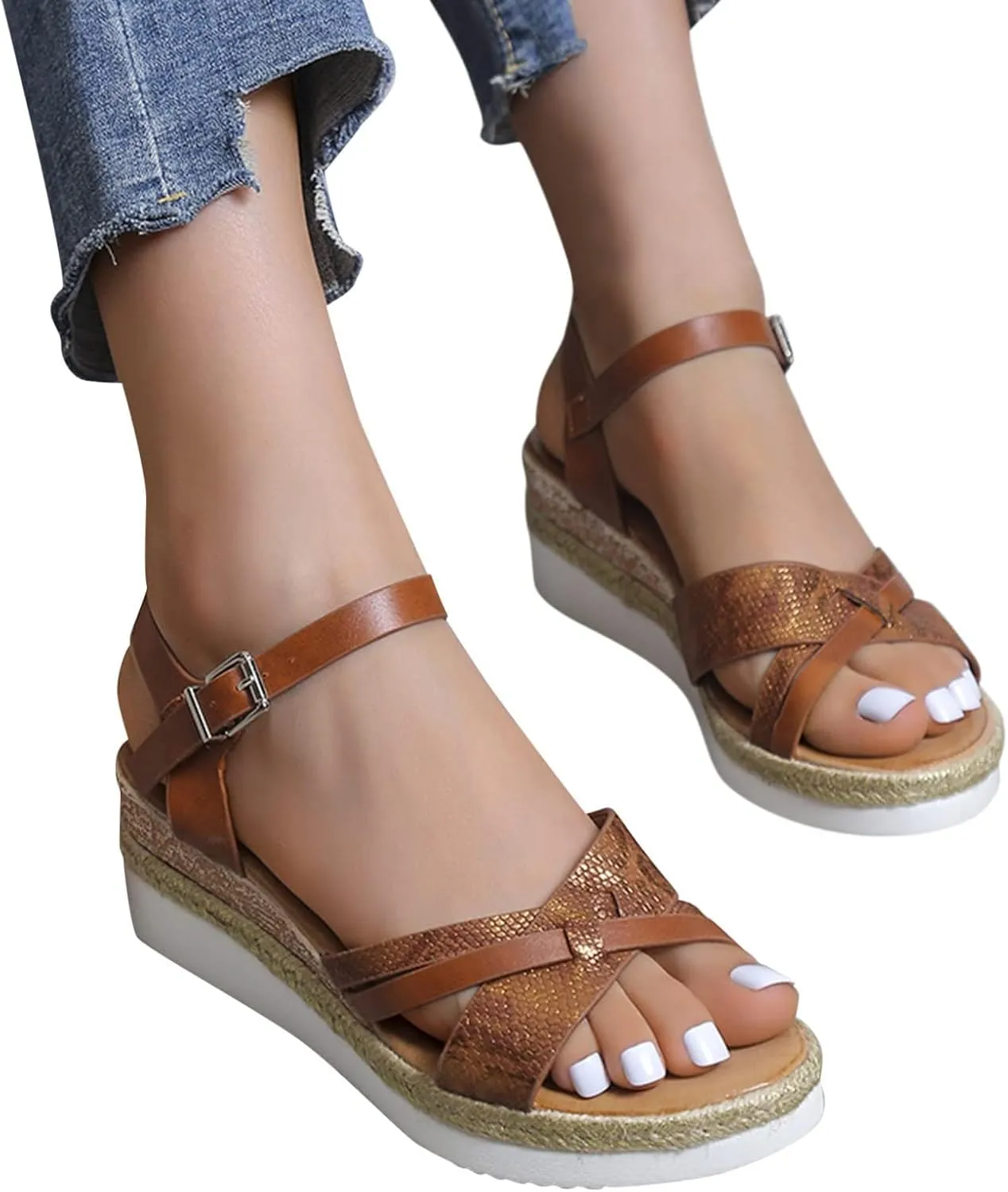 Thick Wedge Sandals, Open Toe Wide Width Sandals for Women Orthopedic Shoes Ladies Walking Sandal with Adjustable Ankle Strappy Office Work Shoes Espadrilles Wedges Beach Sandal