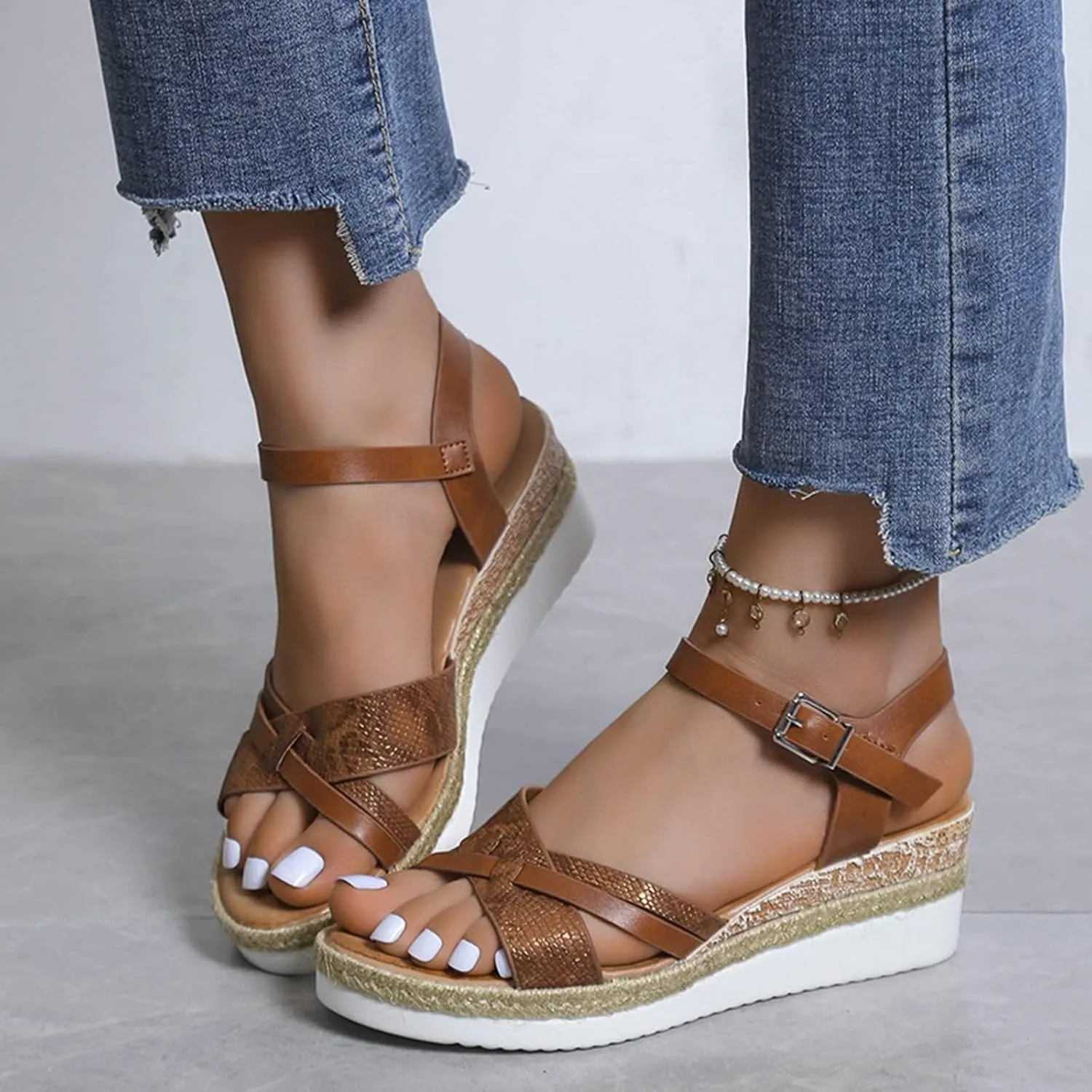 Thick Wedge Sandals, Open Toe Wide Width Sandals for Women Orthopedic Shoes Ladies Walking Sandal with Adjustable Ankle Strappy Office Work Shoes Espadrilles Wedges Beach Sandal