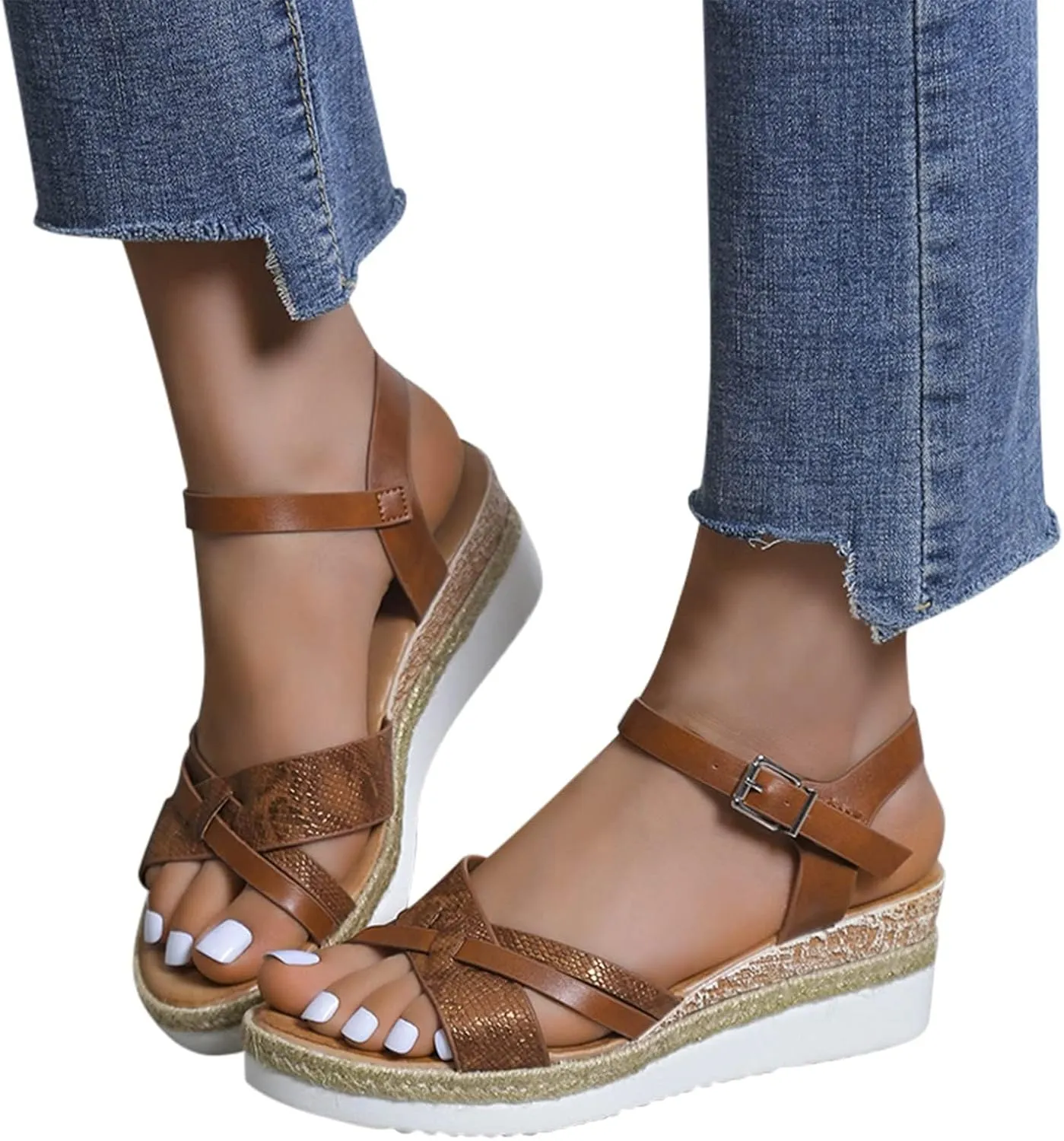 Thick Wedge Sandals, Open Toe Wide Width Sandals for Women Orthopedic Shoes Ladies Walking Sandal with Adjustable Ankle Strappy Office Work Shoes Espadrilles Wedges Beach Sandal
