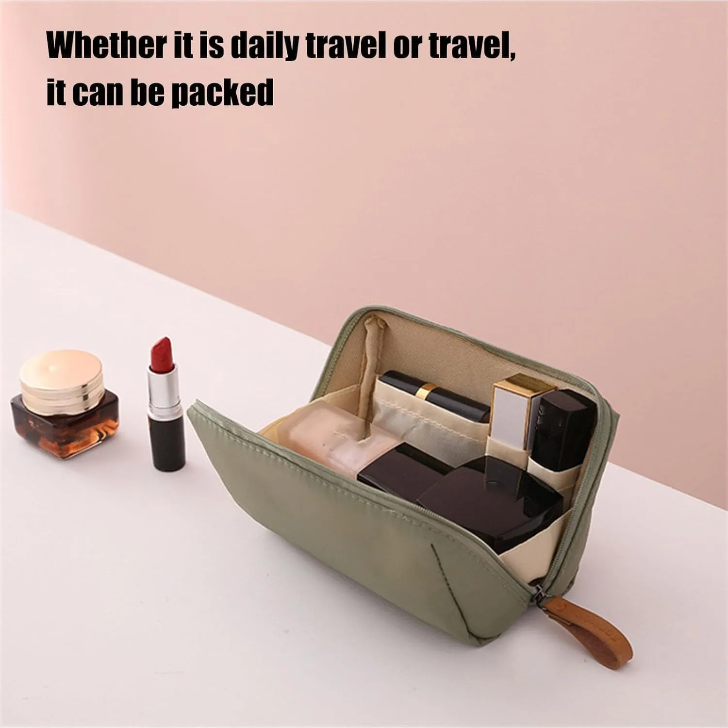Tidynook Small Makeup Bag  Mini Waterproof Cosmetic Pouch, Portable Travel Organizer for Purse, Lipstick & Toiletry Organizer for Women, (Khaki,L)