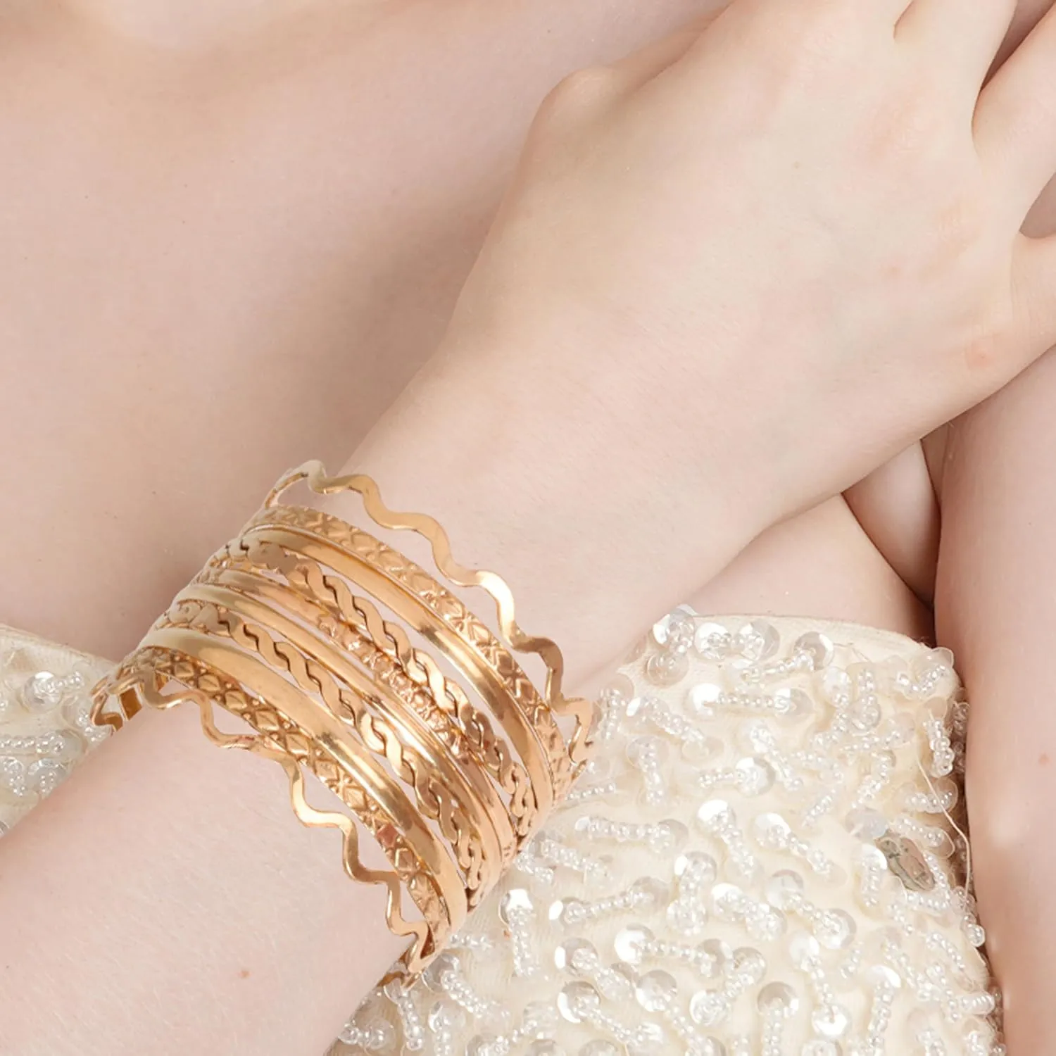 Touchstone Gold Bangle Bracelets For Women - Multi Layer Stackable Textured Engraved Bracelets Boho Jewelry Set.
