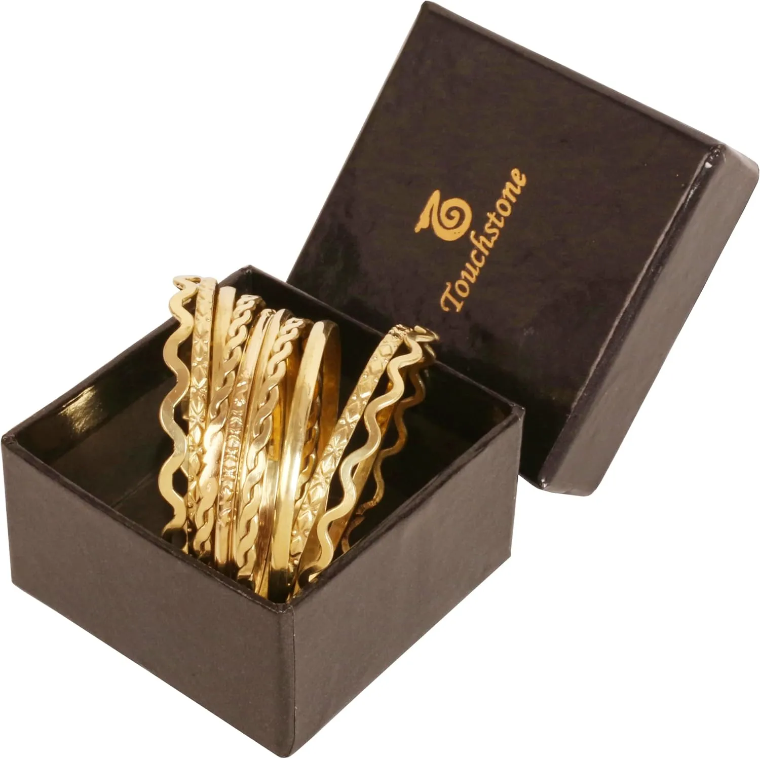 Touchstone Gold Bangle Bracelets For Women - Multi Layer Stackable Textured Engraved Bracelets Boho Jewelry Set.