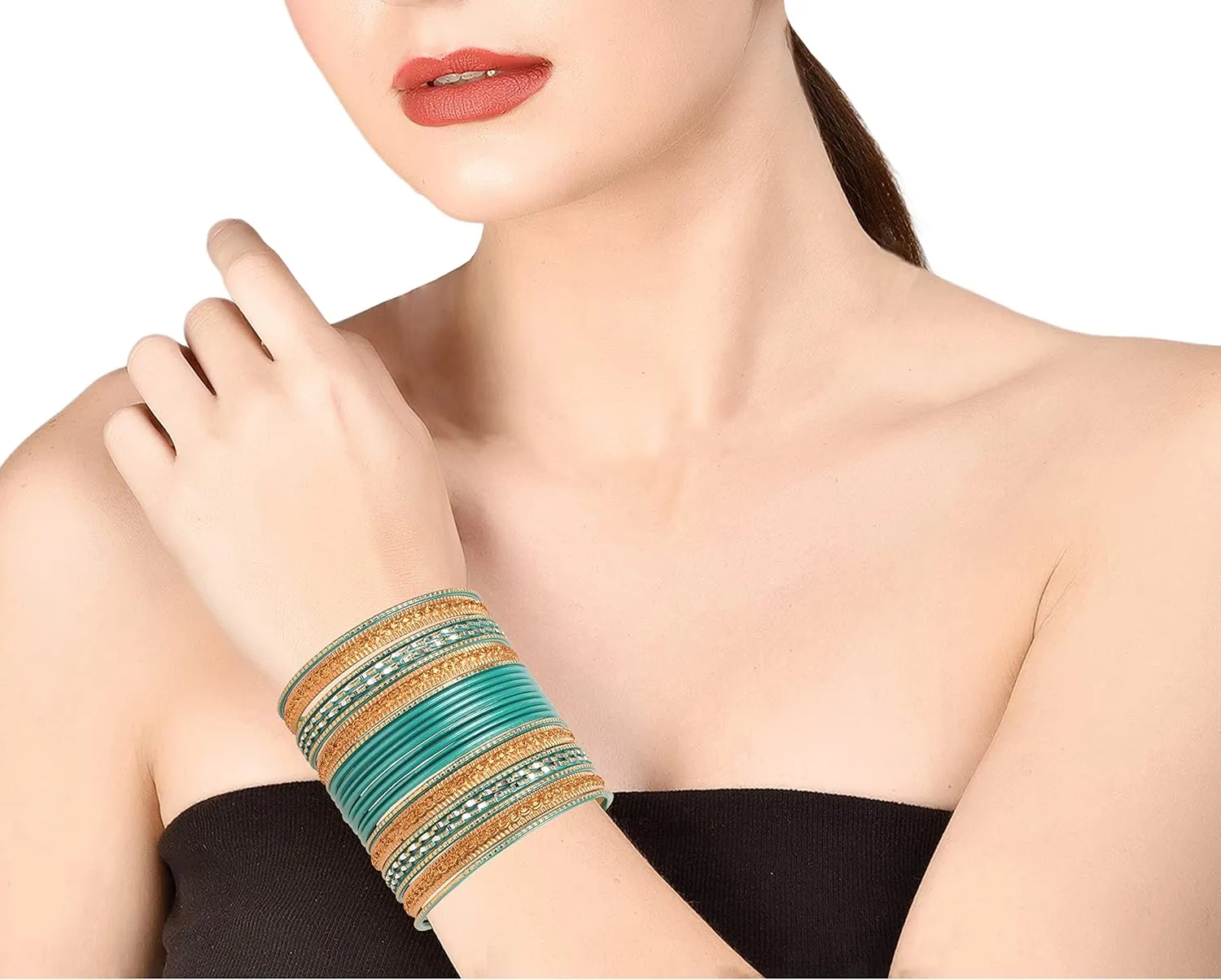Touchstone Indian Metal Bangles for Women Gold Alloy Bracelets desi 2 Dozen Bangle Collection Bollywood Women's Jewelry Set Multi Stacking Wide Chunky Textured Golden Set of 24 in Gold or White Tone