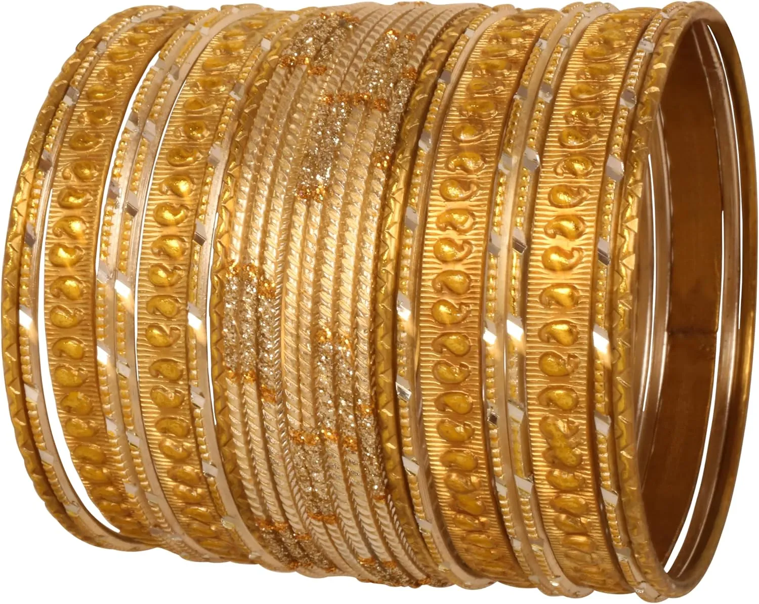 Touchstone Italian Color Collection Indian Bollywood Handcrafted Peeled Paisley Motif Textured Designer Jewelry Chura Bangle Bracelets in Gold Tone for Women.