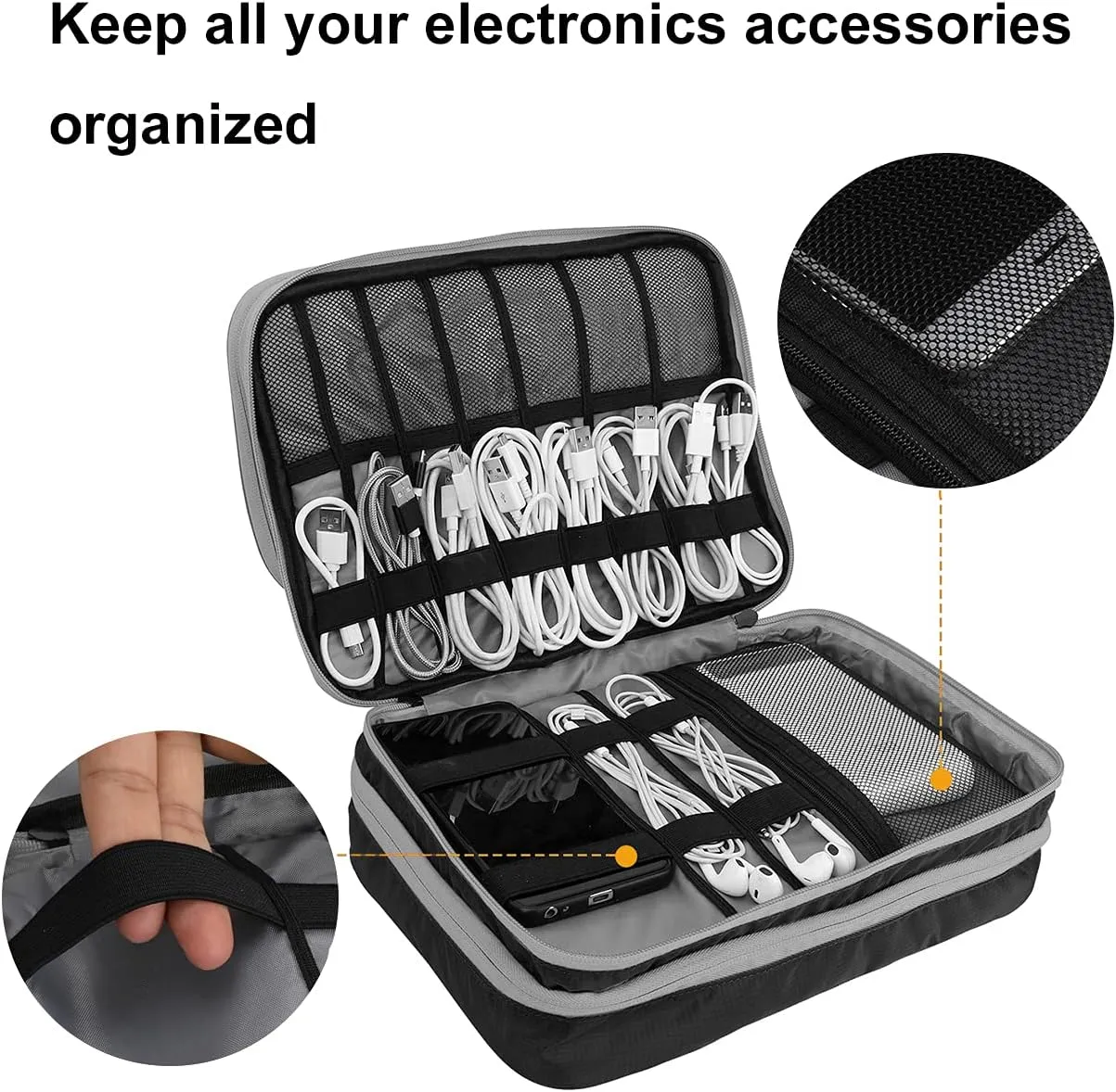 Travel Cable Organizer Bag, 3 Layer X-Large Capacity Electronics Accessories Cord Storage Case Bag for Cables, SD Card,Chargers, Power Bank, Cellphone,Tablet