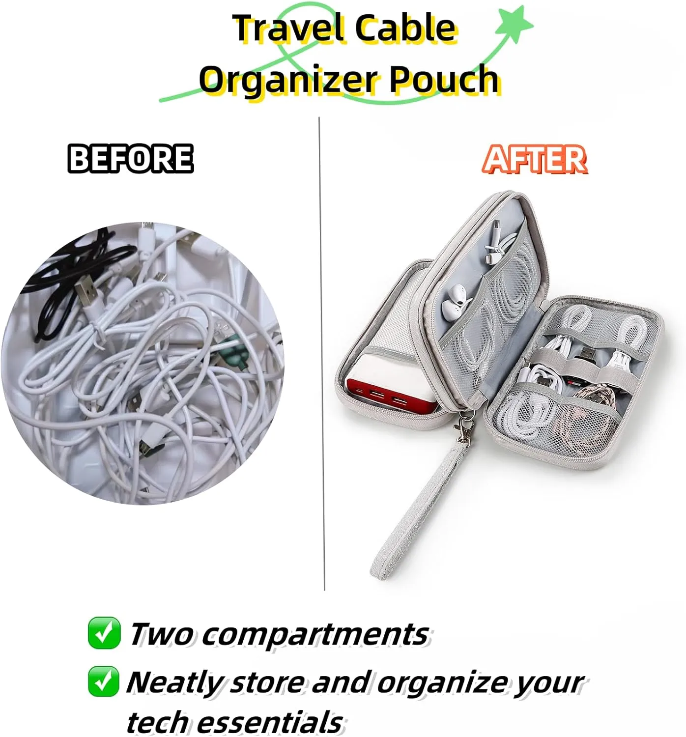 Travel Cable Organizer Pouch - Upgraded Waterproof Portable Double-Layer Electronic Accessories Storage Bag for Cords, Chargers, Phones, Earphones - All-in-One Tech Carry Case. B-D2 (Black)