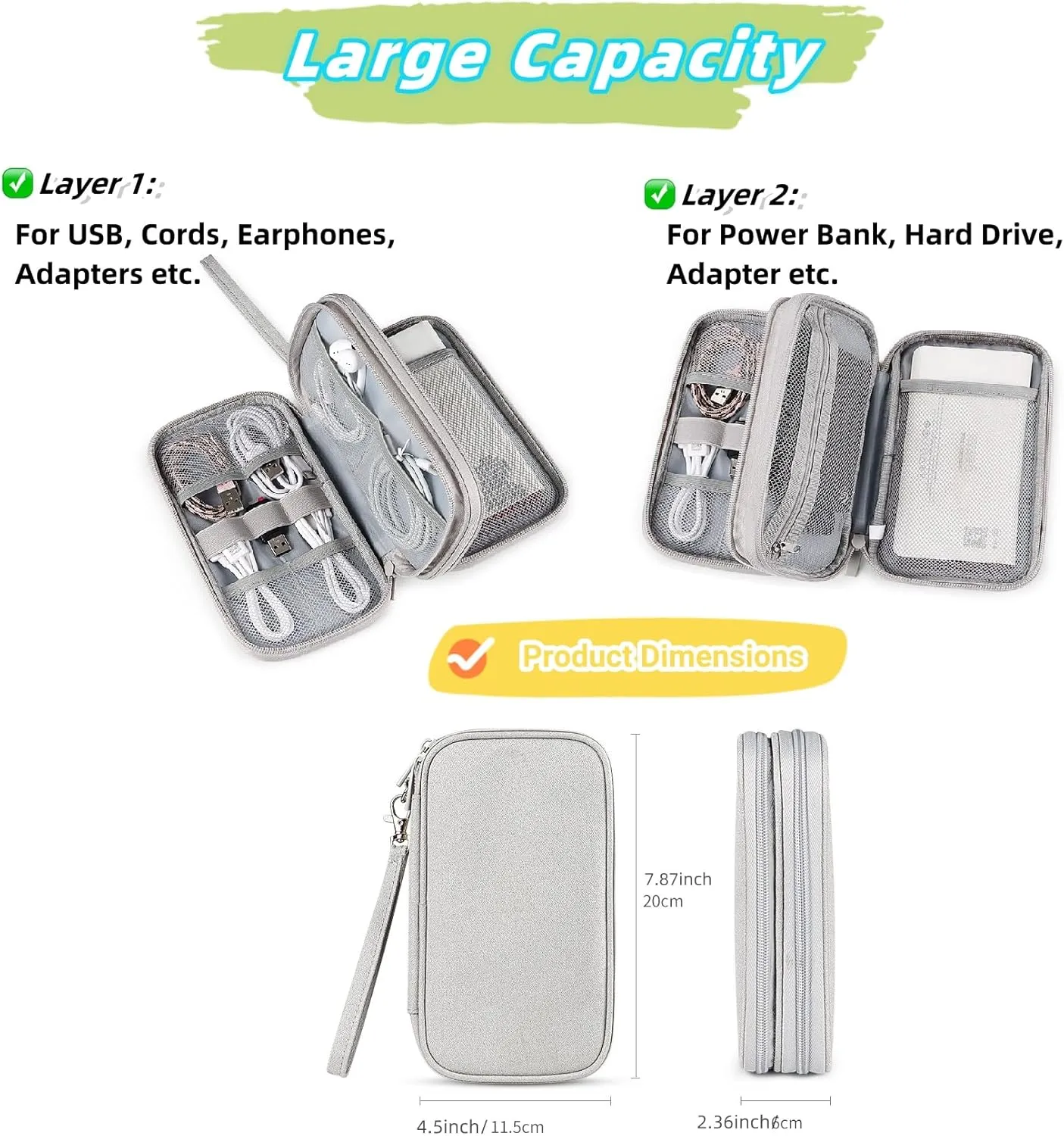 Travel Cable Organizer Pouch - Upgraded Waterproof Portable Double-Layer Electronic Accessories Storage Bag for Cords, Chargers, Phones, Earphones - All-in-One Tech Carry Case. B-D2 (Black)