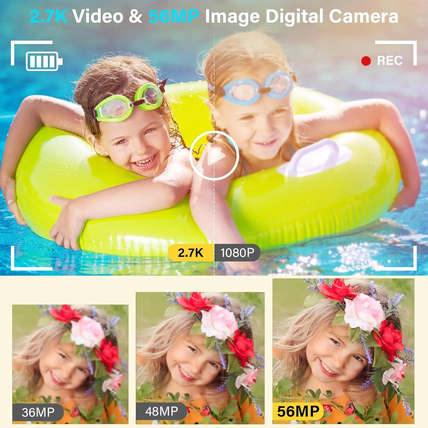 Underwater Camera 2.7K 56MP Waterproof Camera Autofocus with 32GB Card, 16FT Waterproof Digital Camera with 2.7" Screen for Kids, 16X Fill Light Portable Compact Digital Camera for Snorkeling,Blue