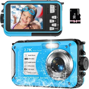 Underwater Camera 2.7K 56MP Waterproof Camera Autofocus with 32GB Card, 16FT Waterproof Digital Camera with 2.7" Screen for Kids, 16X Fill Light Portable Compact Digital Camera for Snorkeling,Blue