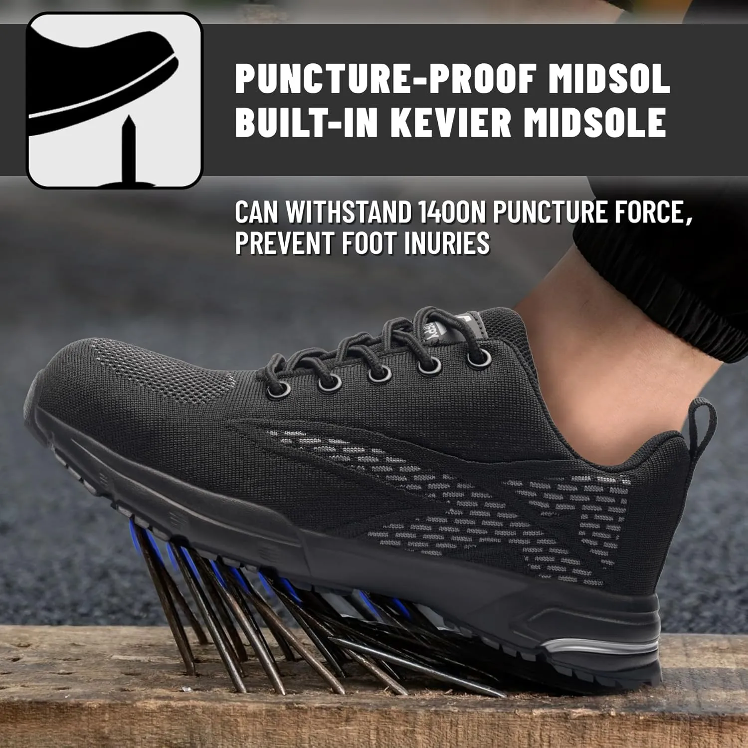Unisex Adults Work Shoes - Black - All Seasons - Industrial & Construction - Lace-Up - Mesh - Moderate Cushioning - Hiking - Adults (Men & Women) Outdoor Enthusiasts & Athletes