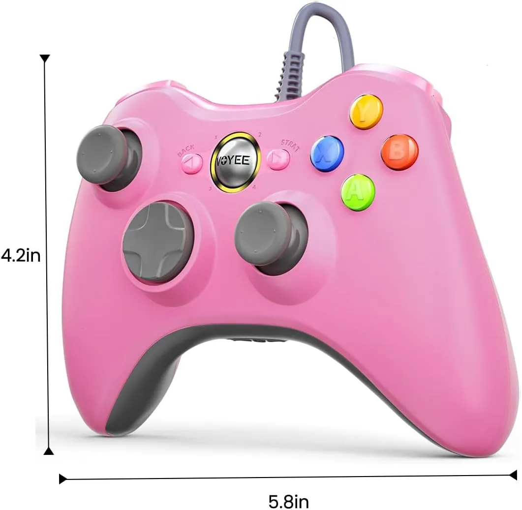 VOYEE PC Controller, Wired Controller Compatible with Microsoft Xbox 360 & Slim/PC Windows 10/8/7, with Upgraded Joystick, Double Shock | Enhanced (Pink)