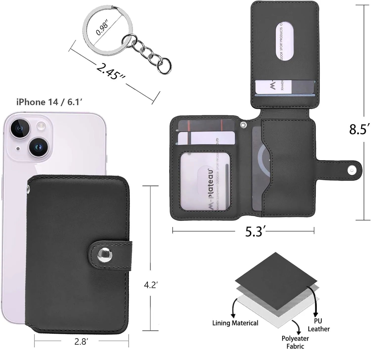 Wallet Women Small, Minimalist Wallet for Men, Keychain Wallet with ID Card Holder (Dark Black)