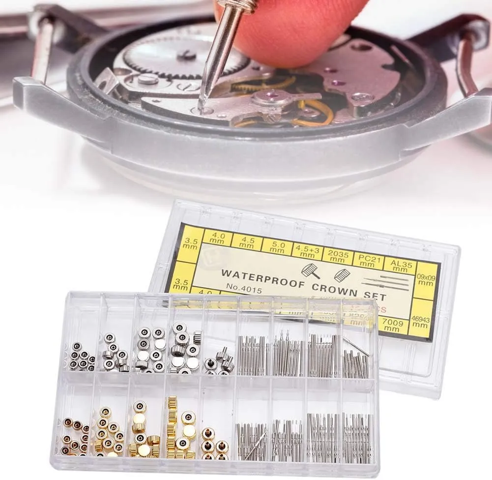 Watch Crown Replacement Stainless Steel Watch Crown Spring Bar Set Watch Stem and Crown Repair Kit Watch Repairing Tool Accessory