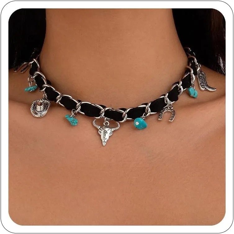 Western Choker Necklaces for Women Country Concert Outfits Ox Head Boot Cactus Charm Bohemian Vintage Necklace Cowgirl Cowboy Country Necklaces Boho Choker Necklace Accessories