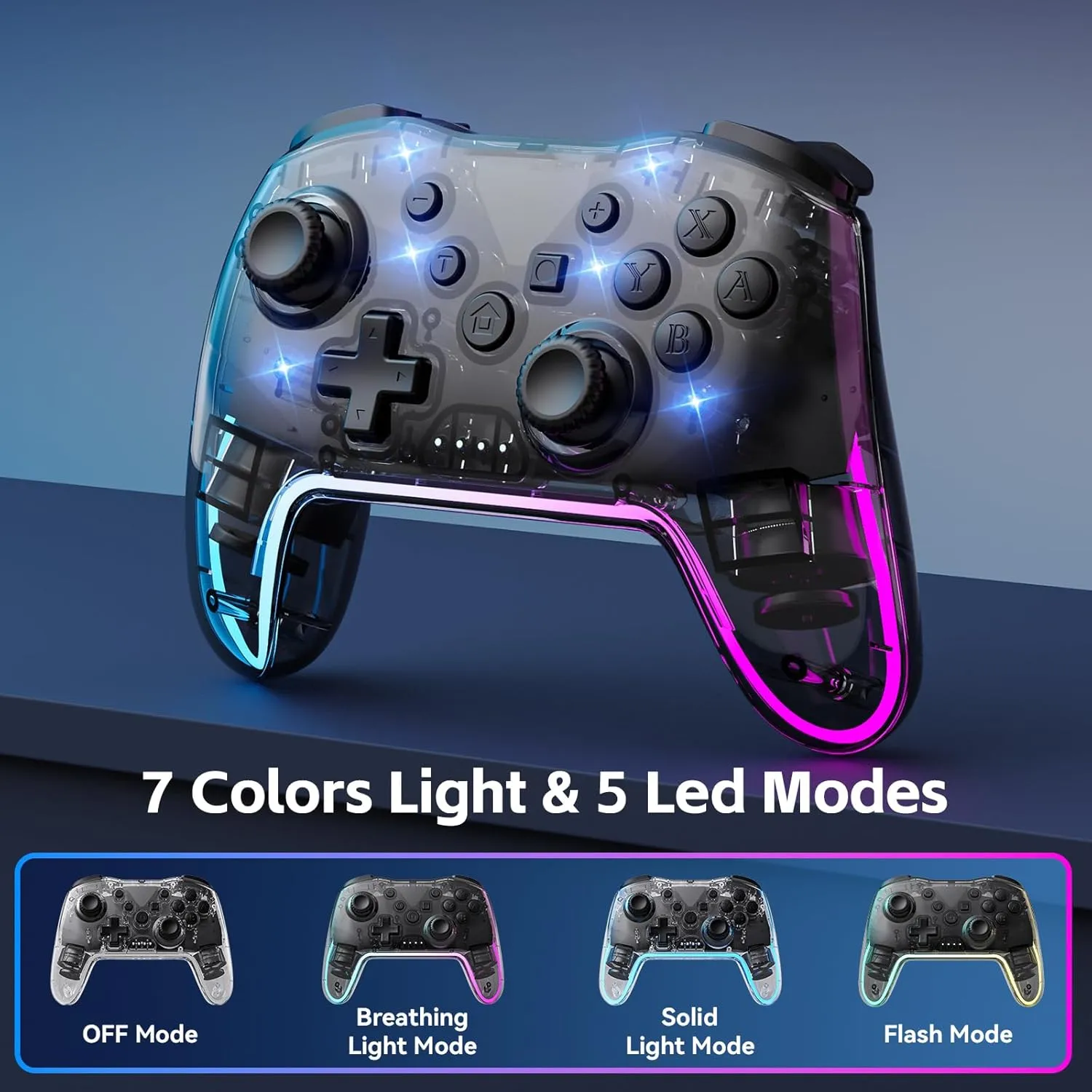 Wireless Controller for Switch/Lite/OLED/PC/Android/iOS - Ergonomic Gamepad with 7 Color RGB Lighting, Turbo/Vibration Adjustment & One-Key Wake-Up Function