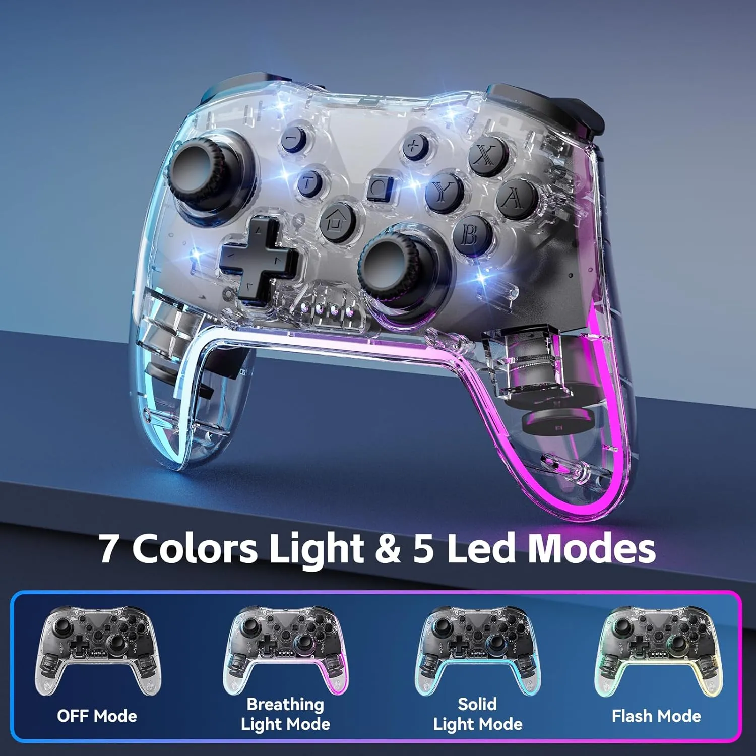 Wireless Controller for Switch/Lite/OLED/PC/Android/iOS - Ergonomic Gamepad with 7 Color RGB Lighting, Turbo/Vibration Adjustment & One-Key Wake-Up Function
