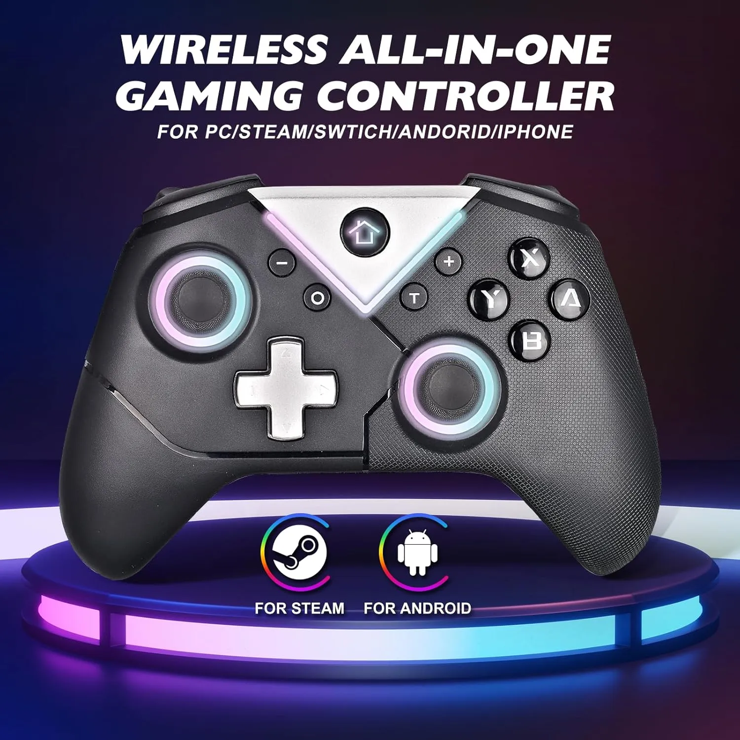 Wireless Switch Controller for Nintendo Switch/OLED, PC, Steam, Android, iOS - RGB Backlit Pro Controller with Bluetooth & Wired Modes, Turbo, Macro, Dual Vibration, Gyro, Headphone Jack, Wake-up & Screenshot - Black