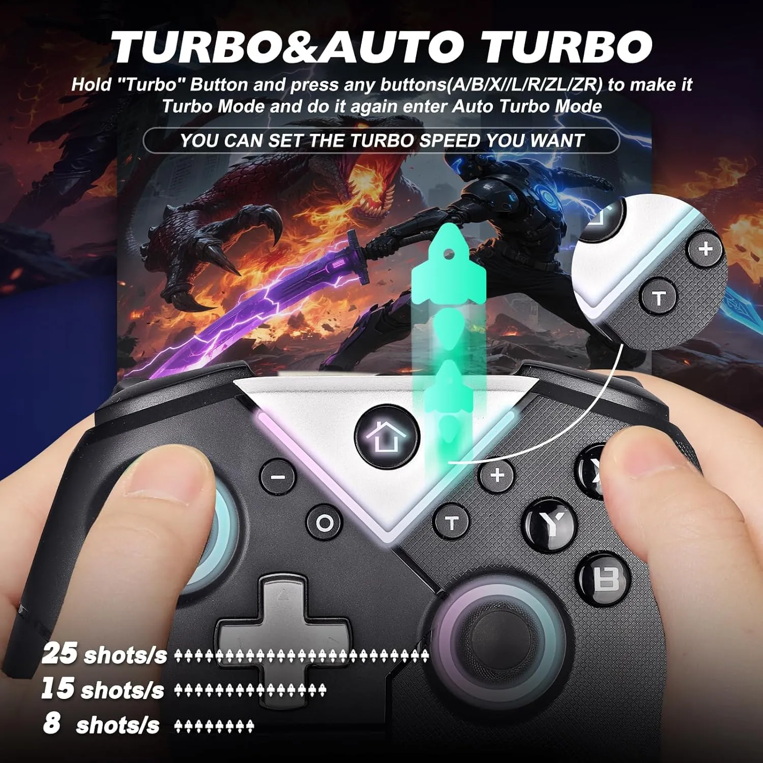 Wireless Switch Controller for Nintendo Switch/OLED, PC, Steam, Android, iOS - RGB Backlit Pro Controller with Bluetooth & Wired Modes, Turbo, Macro, Dual Vibration, Gyro, Headphone Jack, Wake-up & Screenshot - Black