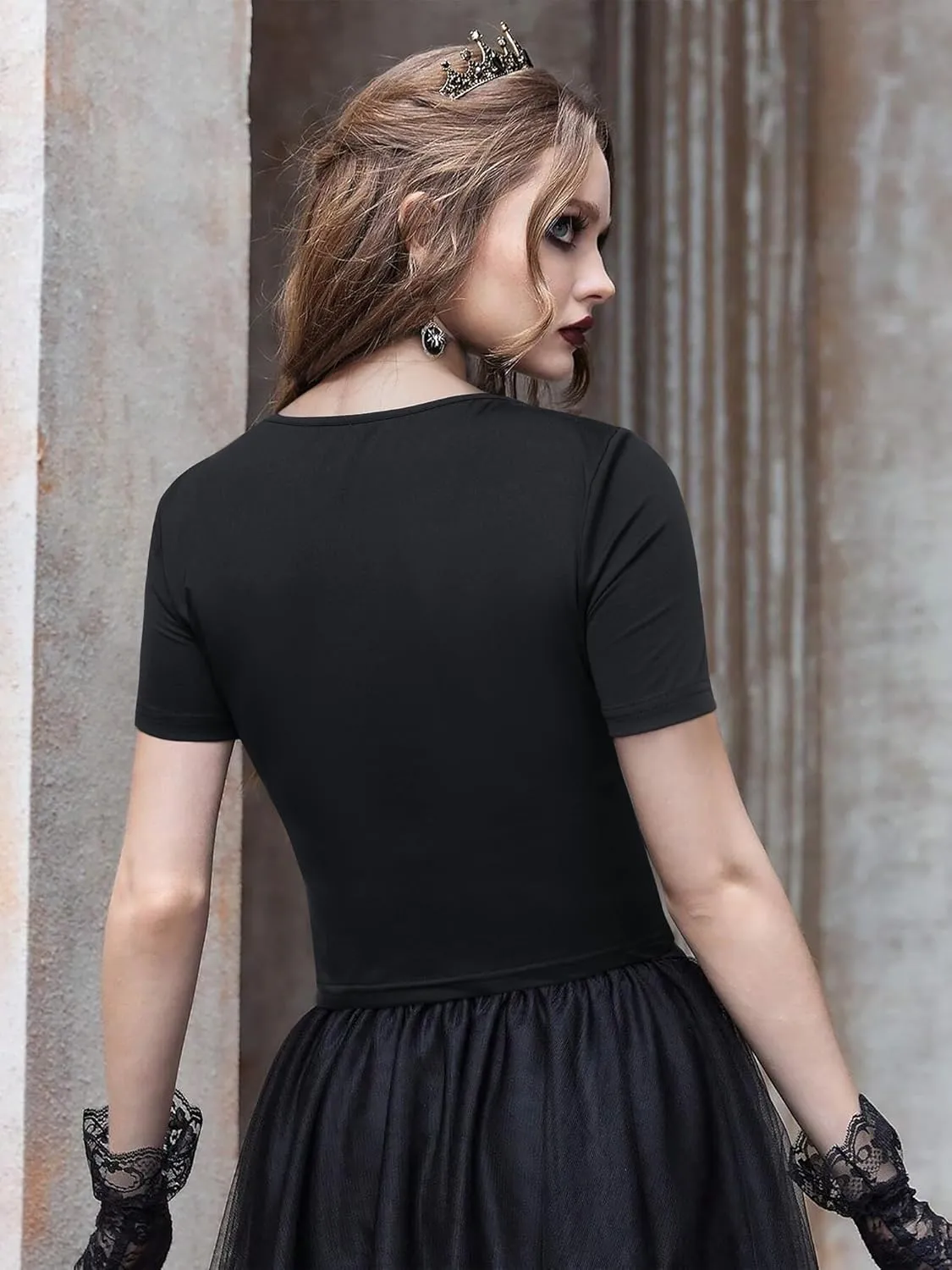 WLLW Women Gothic Clothes Short Sleeve Sheer Cut Out Tops Vintage Ruched Slim Fit Crop Tops Aesthetic Grunge T-Shirts