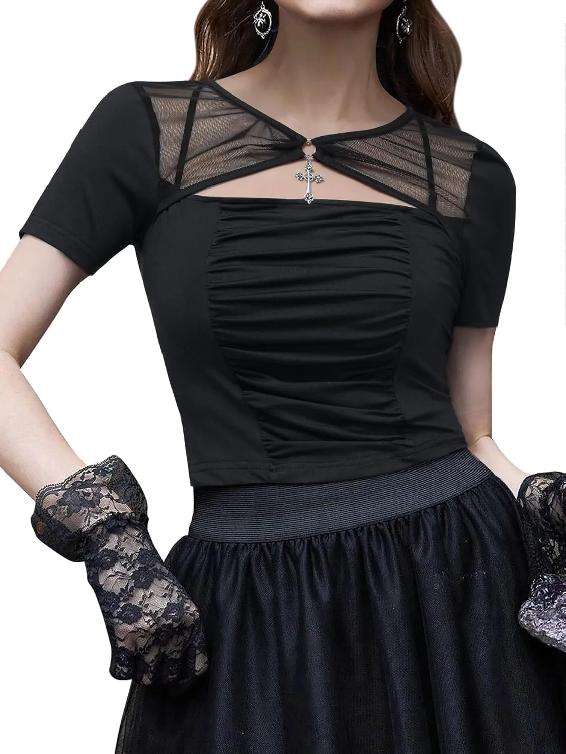WLLW Women Gothic Clothes Short Sleeve Sheer Cut Out Tops Vintage Ruched Slim Fit Crop Tops Aesthetic Grunge T-Shirts