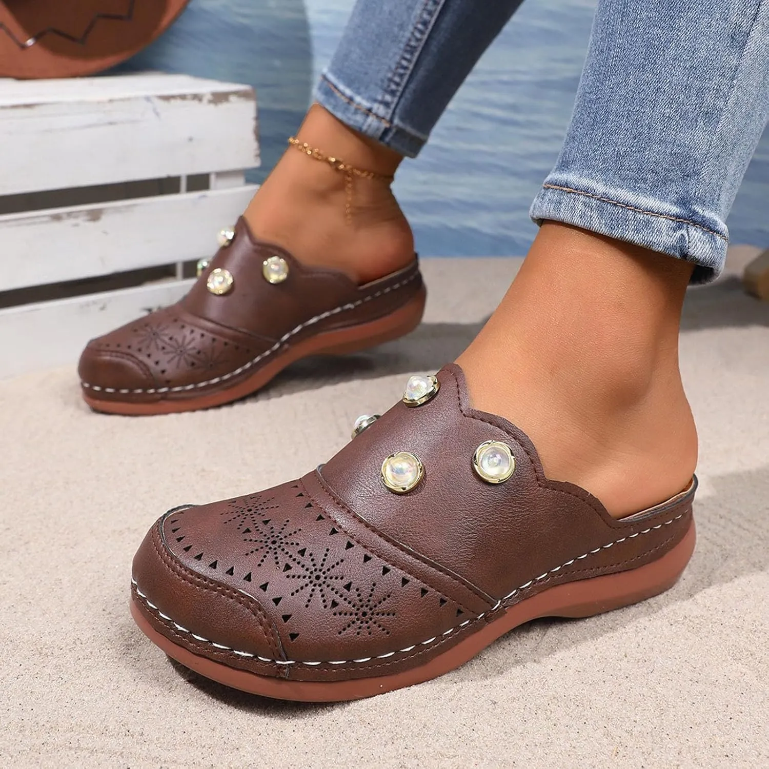 Women Arch Support Slides Closed Toe Cute Mules Women Slip On Summer Mule High Heels Slipper Dressy Orthopedic Sandale