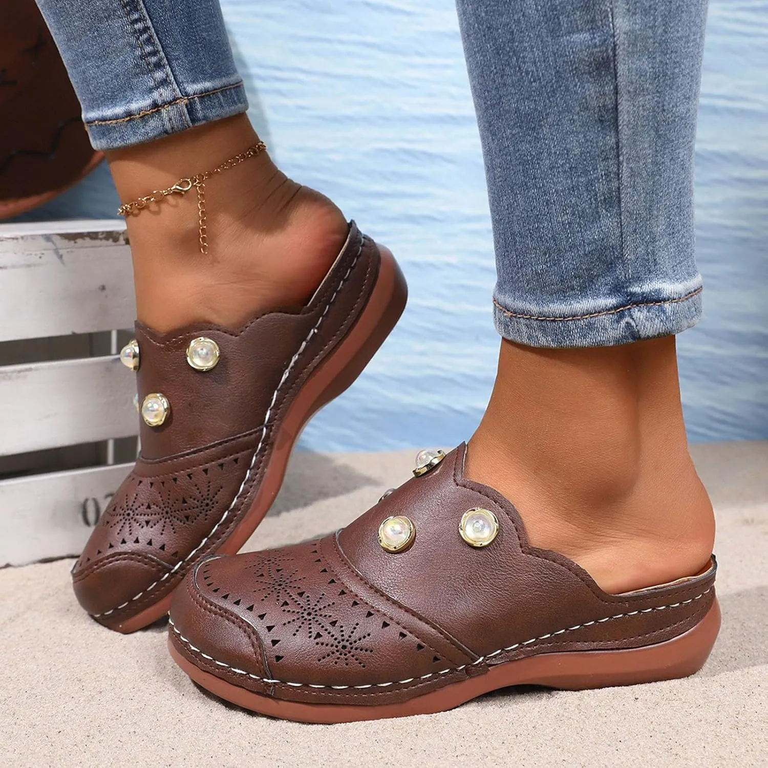Women Arch Support Slides Closed Toe Cute Mules Women Slip On Summer Mule High Heels Slipper Dressy Orthopedic Sandale