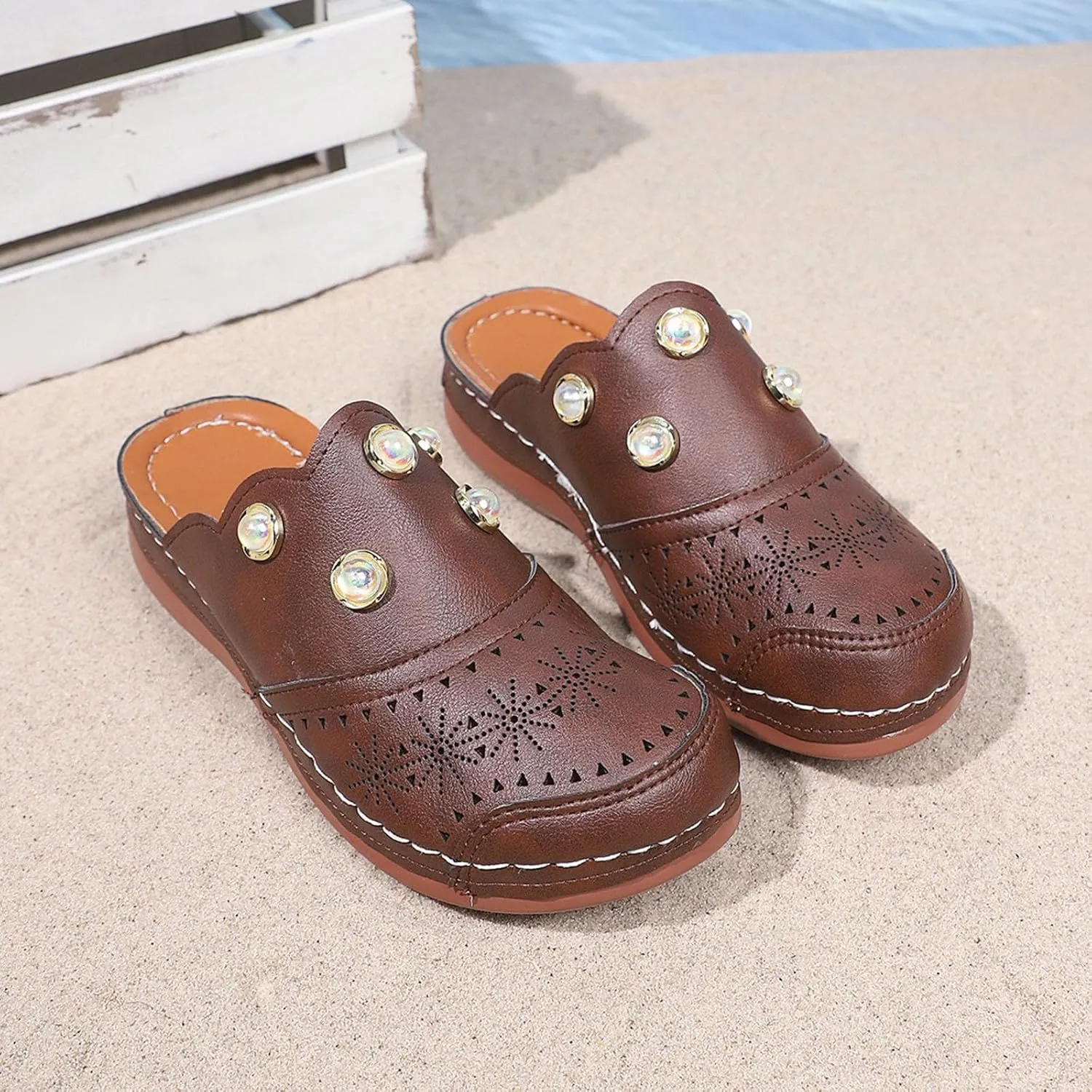 Women Arch Support Slides Closed Toe Cute Mules Women Slip On Summer Mule High Heels Slipper Dressy Orthopedic Sandale