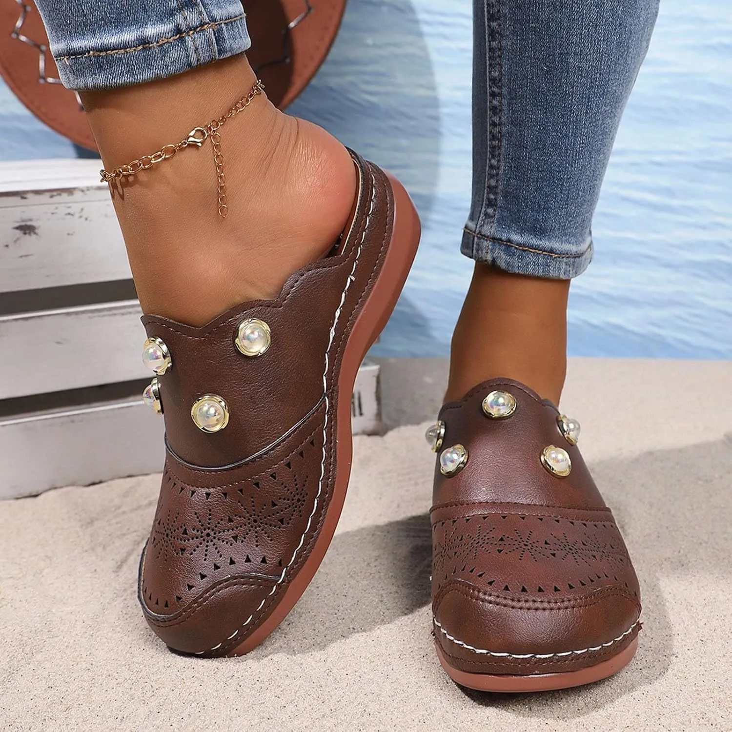 Women Arch Support Slides Closed Toe Cute Mules Women Slip On Summer Mule High Heels Slipper Dressy Orthopedic Sandale
