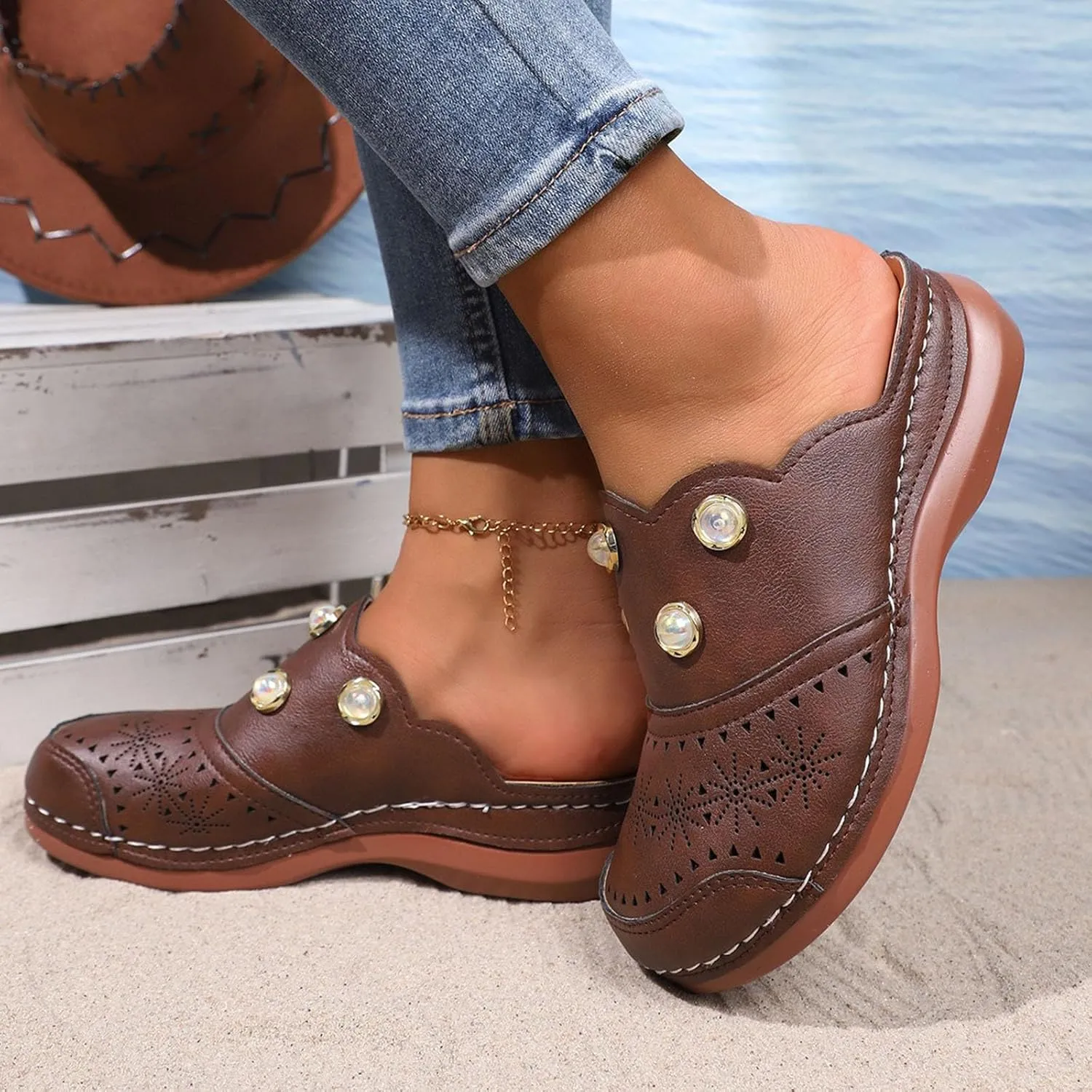 Women Arch Support Slides Closed Toe Cute Mules Women Slip On Summer Mule High Heels Slipper Dressy Orthopedic Sandale
