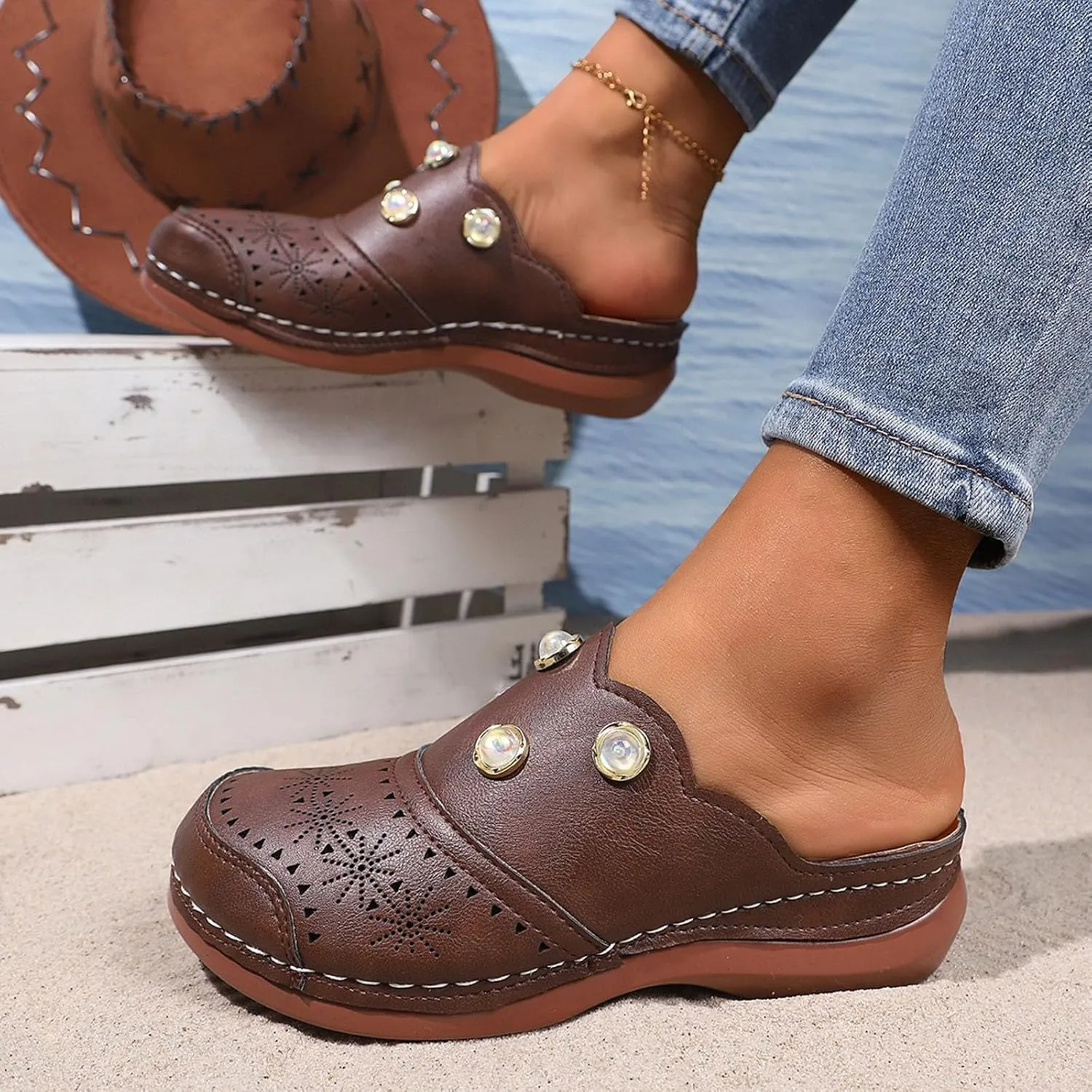 Women Arch Support Slides Closed Toe Cute Mules Women Slip On Summer Mule High Heels Slipper Dressy Orthopedic Sandale