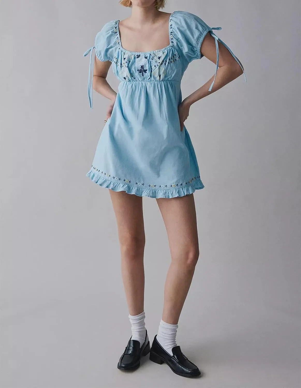 Women Boho Mini Dress Aesthetic Floral Embroidery Puff Short Sleeve Square Neck Short Dress Beach Vacation Clothes
