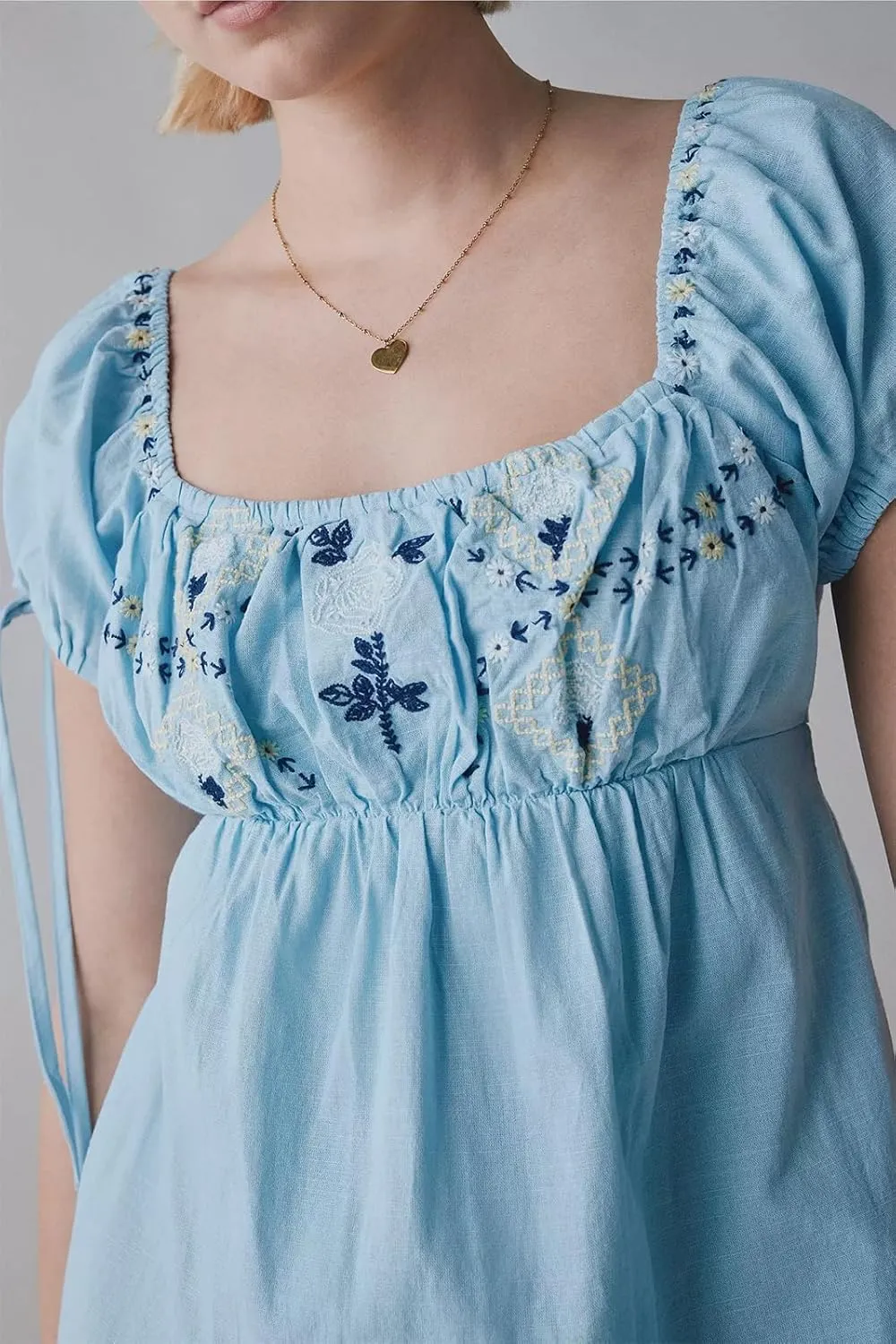 Women Boho Mini Dress Aesthetic Floral Embroidery Puff Short Sleeve Square Neck Short Dress Beach Vacation Clothes
