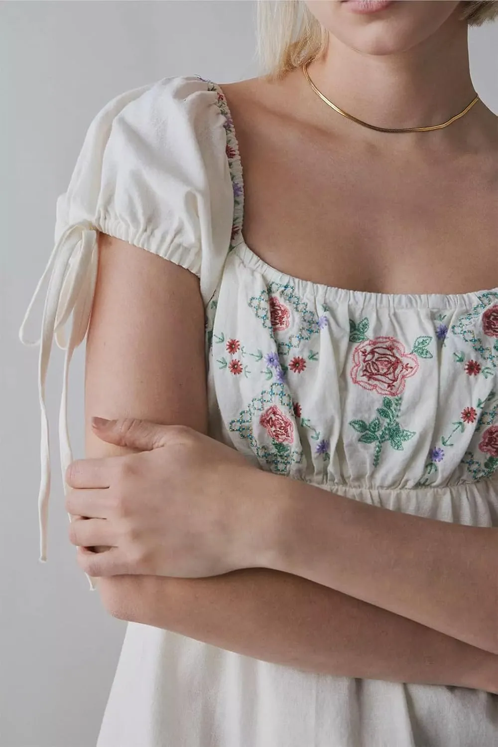 Women Boho Mini Dress Aesthetic Floral Embroidery Puff Short Sleeve Square Neck Short Dress Beach Vacation Clothes
