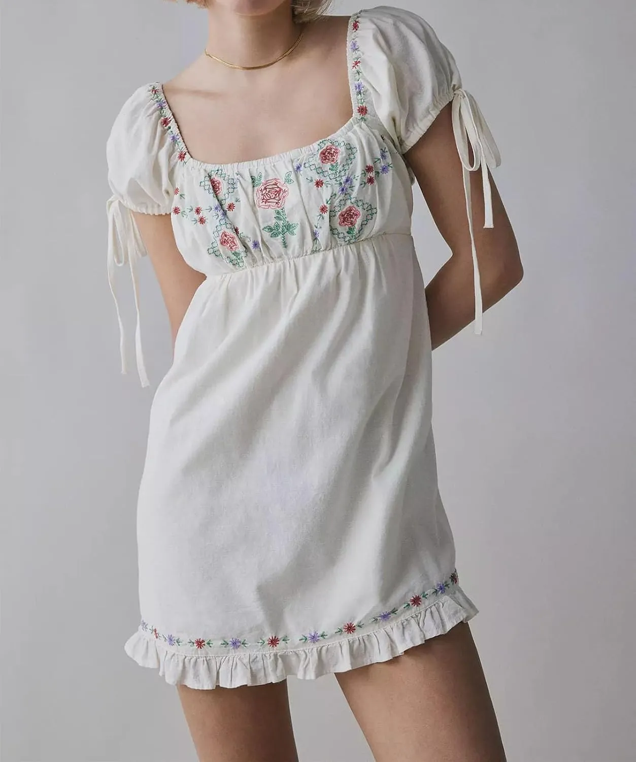 Women Boho Mini Dress Aesthetic Floral Embroidery Puff Short Sleeve Square Neck Short Dress Beach Vacation Clothes