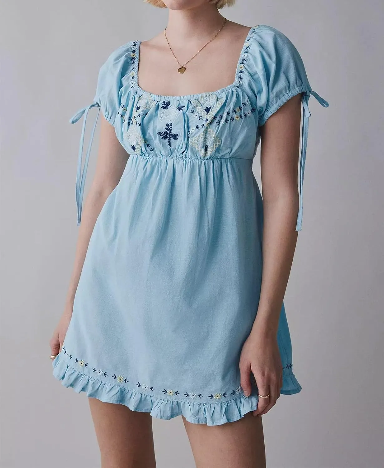 Women Boho Mini Dress Aesthetic Floral Embroidery Puff Short Sleeve Square Neck Short Dress Beach Vacation Clothes