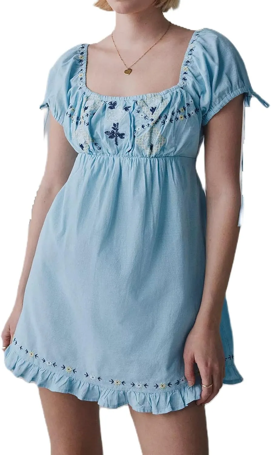 Women Boho Mini Dress Aesthetic Floral Embroidery Puff Short Sleeve Square Neck Short Dress Beach Vacation Clothes