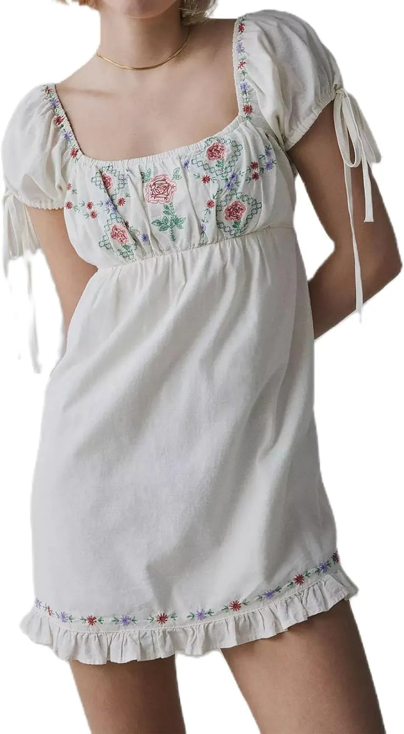 Women Boho Mini Dress Aesthetic Floral Embroidery Puff Short Sleeve Square Neck Short Dress Beach Vacation Clothes