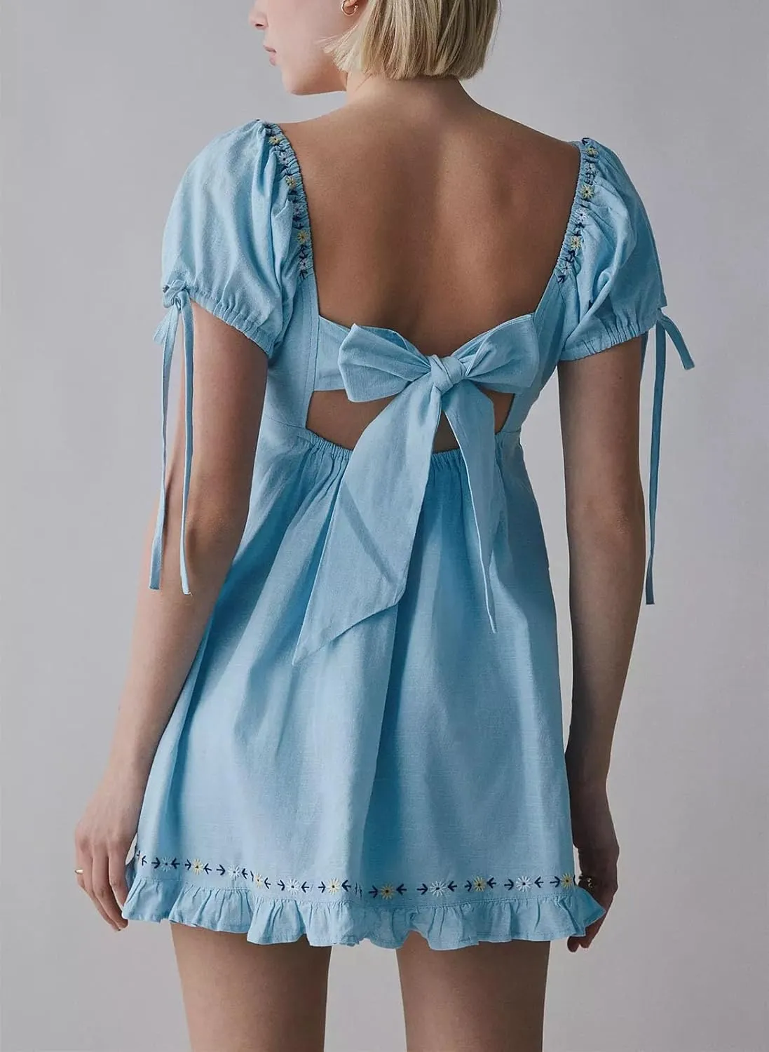 Women Boho Mini Dress Aesthetic Floral Embroidery Puff Short Sleeve Square Neck Short Dress Beach Vacation Clothes