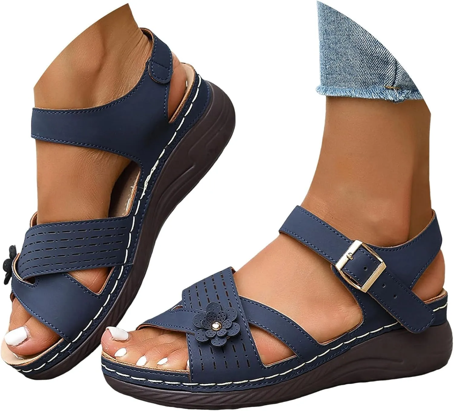 Women Comfortable Sandals Comfortable Wedge Platform Walking Sandals Orthopedic Arch Support Sandal Dressy Casual Open Toe Sandal with Adjustable Hook Loop