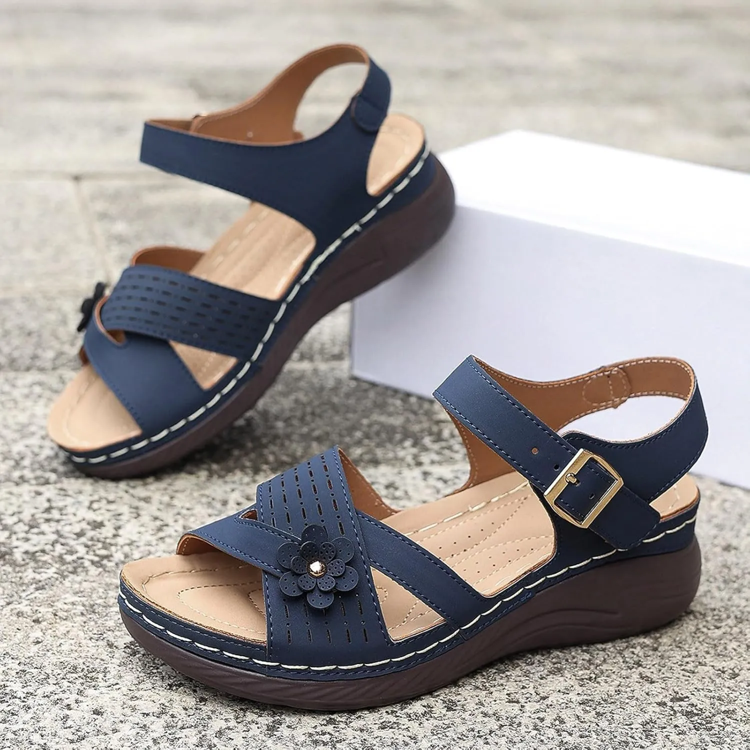 Women Comfortable Sandals Comfortable Wedge Platform Walking Sandals Orthopedic Arch Support Sandal Dressy Casual Open Toe Sandal with Adjustable Hook Loop