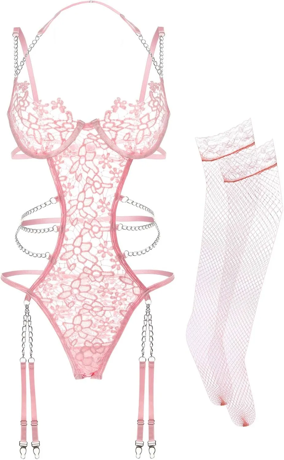 Women Lingerie Set Floral Lace Teddy Strap Chain Babydoll Bodysuit Bra and Panty Set with Garter Belts